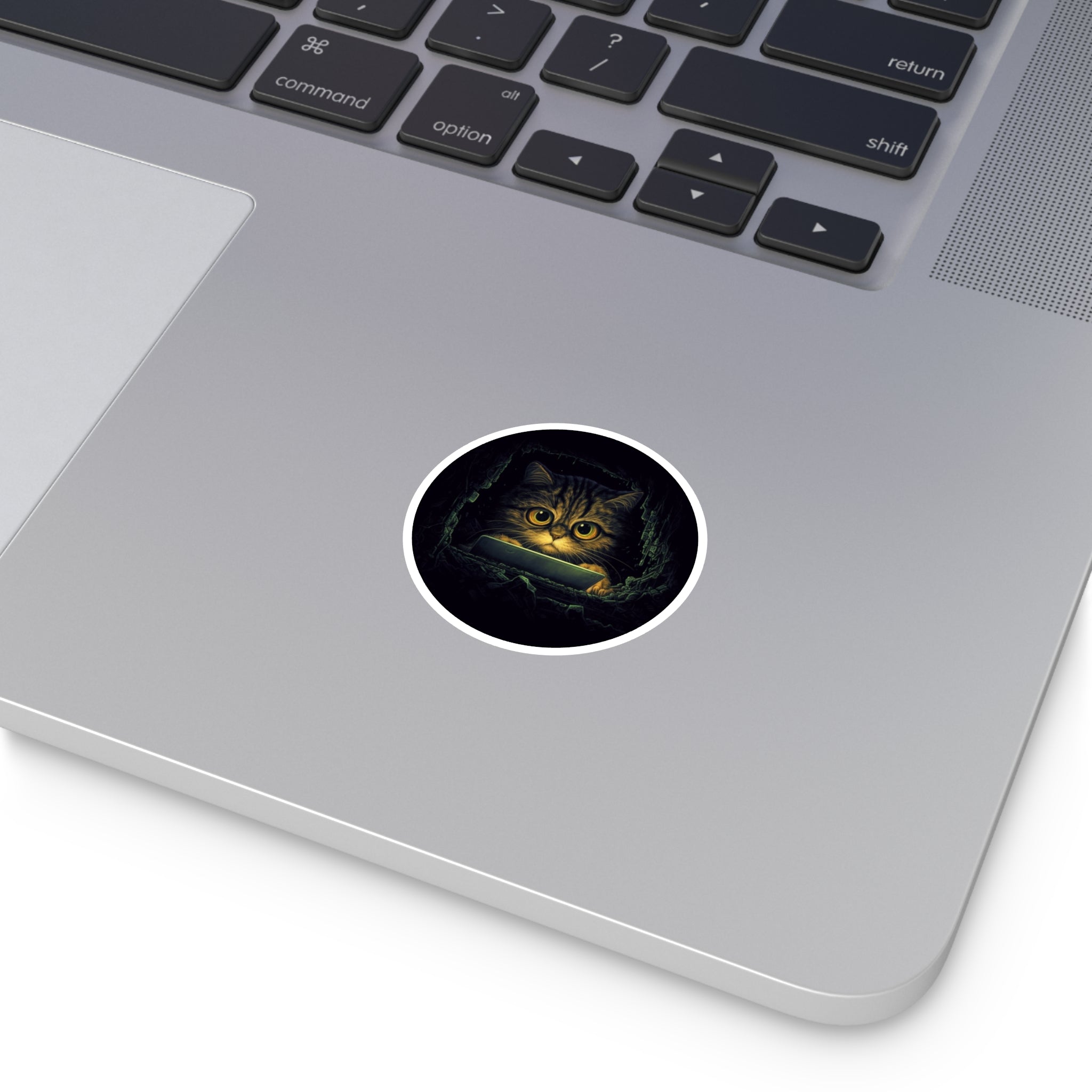 Big-Eyed Cat Hacker, Funny Laptop Sticker, Cute Feline Design, Tech Humor
