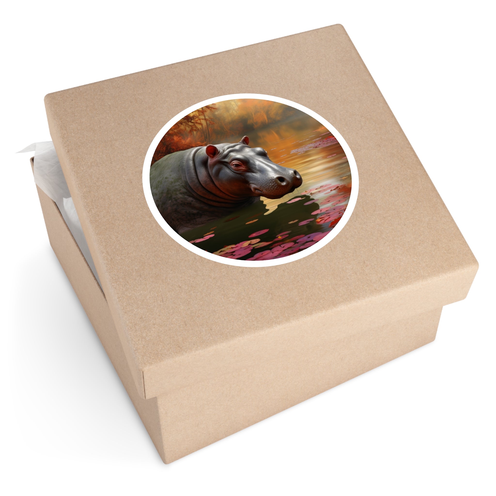 Hippo in Autumn Pond, Realistic Animal Sticker, Nature Art, Calm Design