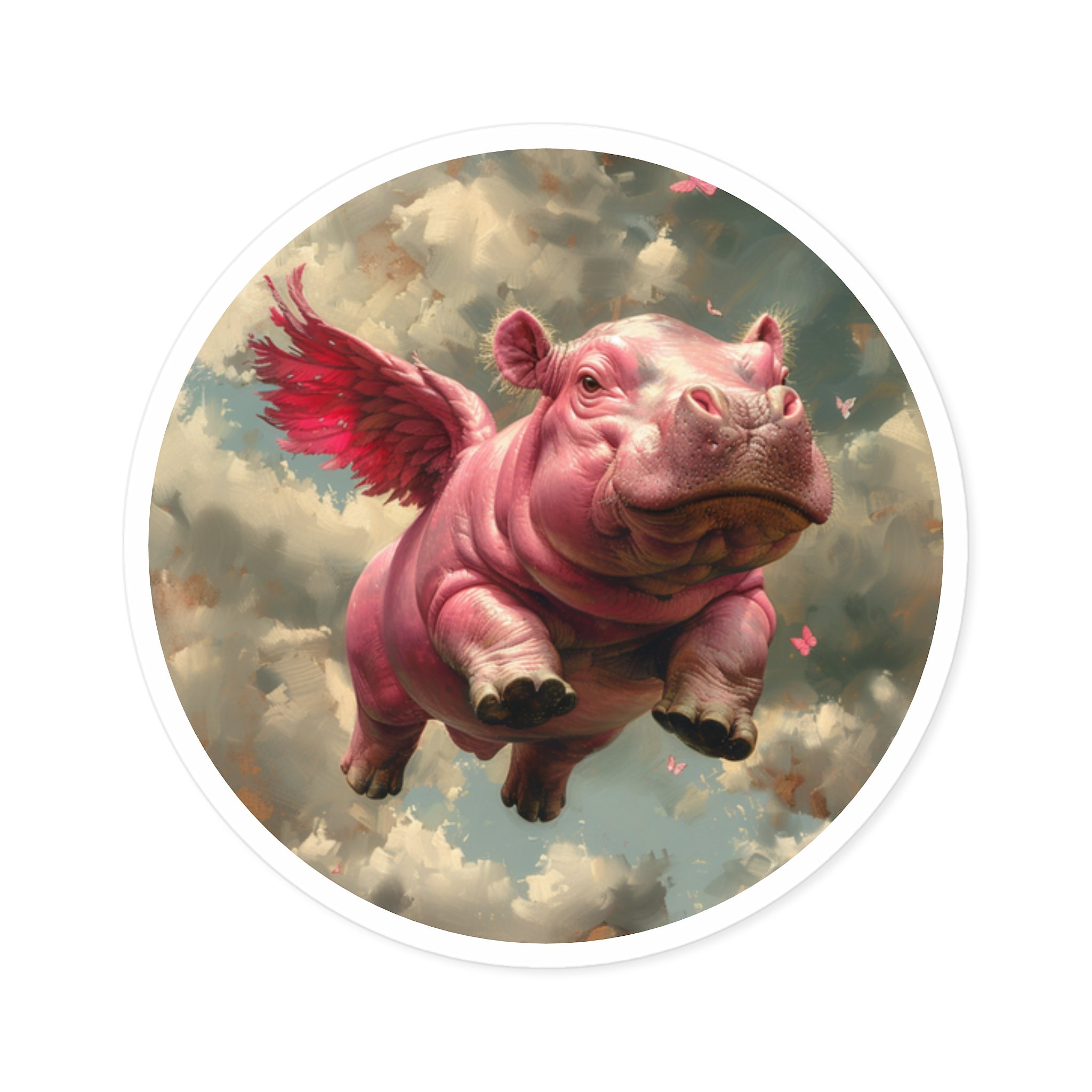 Flying Hippo Sticker, Fantasy Animal Design, Whimsical Sky Art, Dreamlike Scene