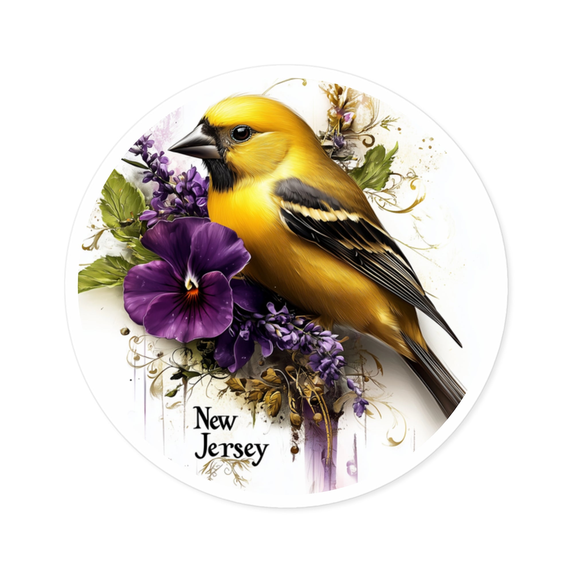 New Jersey Goldfinch, Violet Flower Sticker, Water Bottle or Journal, State Design