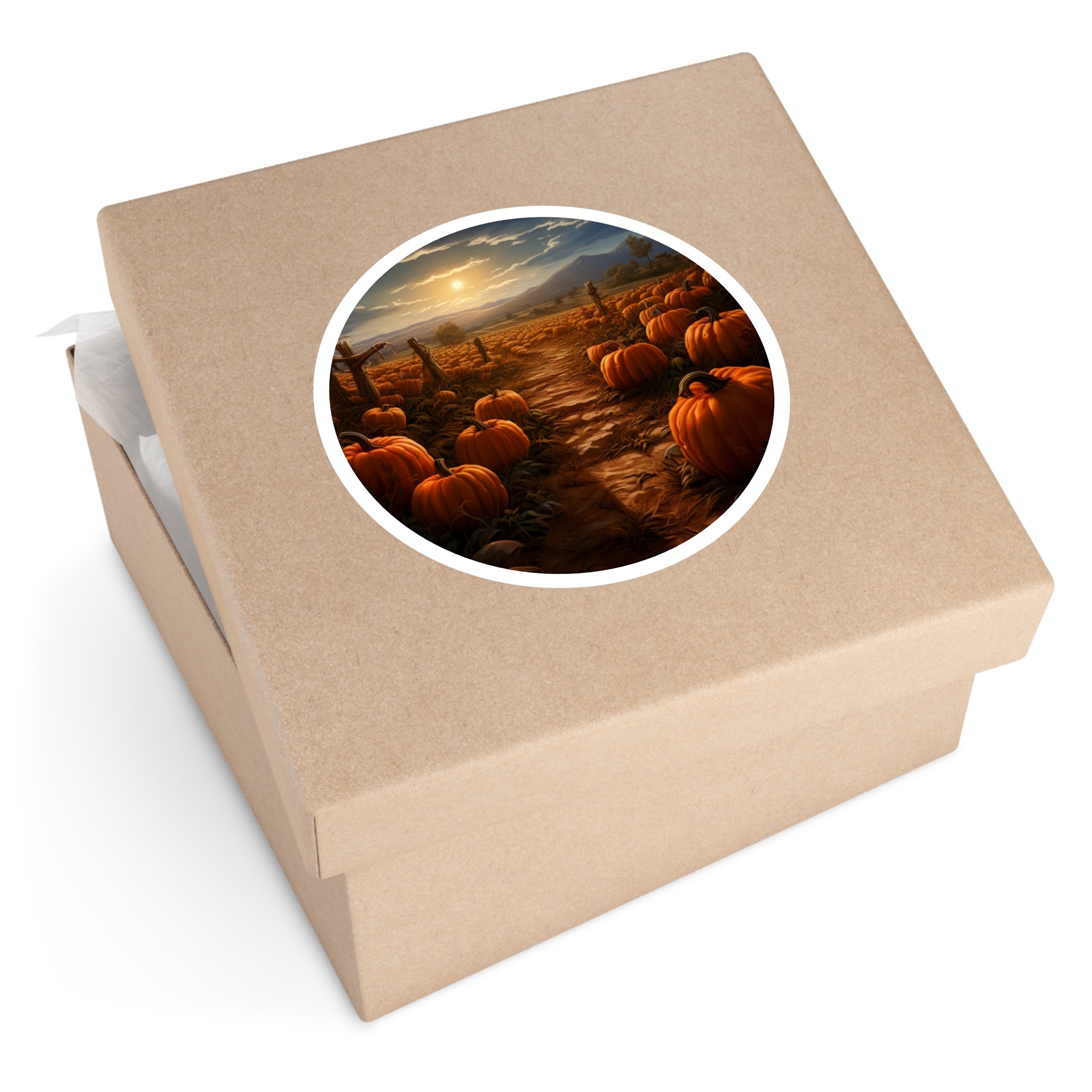 Pumpkin Field at Sunset Sticker, Autumn Landscape, Nature Lovers, Fall Season