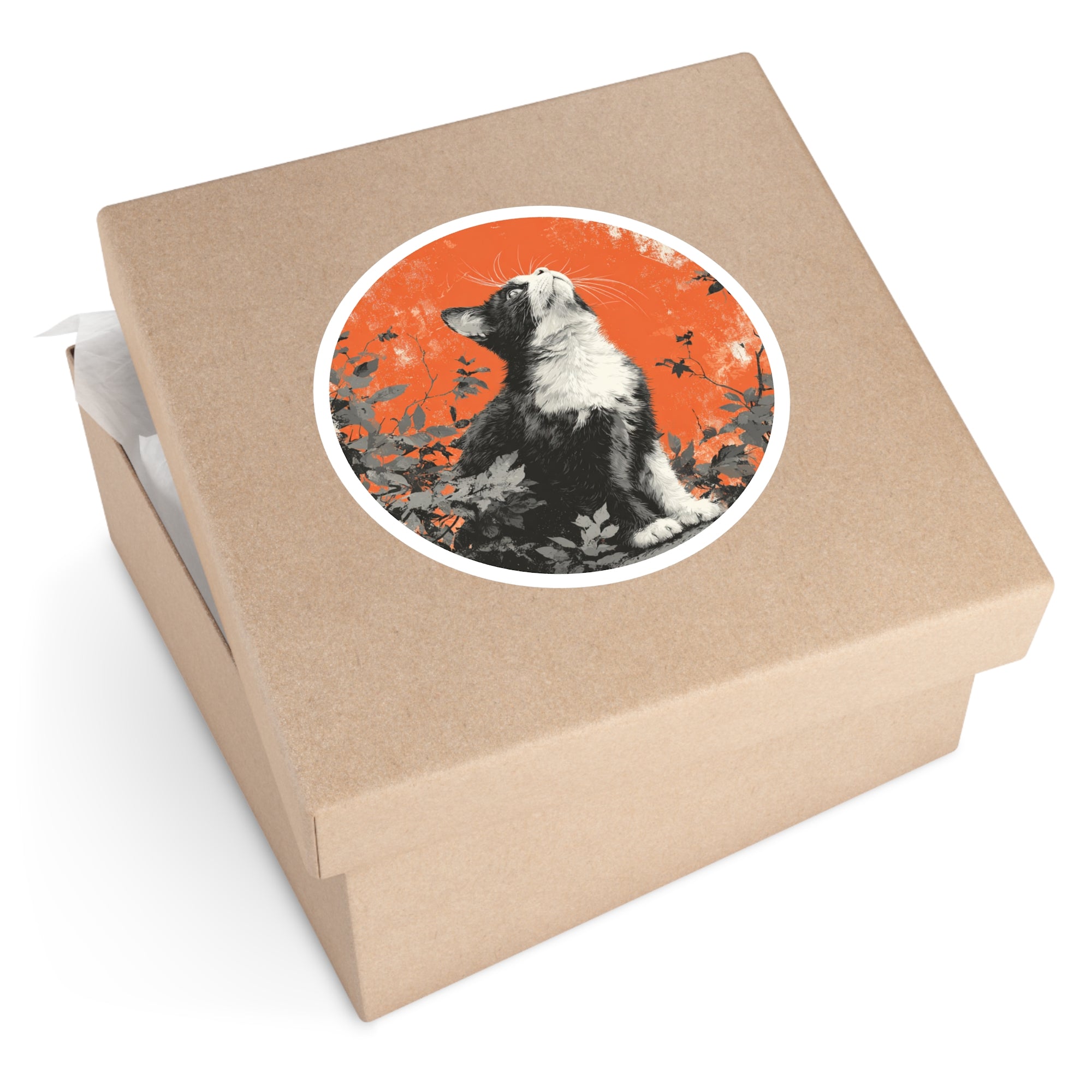 Curious Cat Sticker, Autumn Orange Accent, Cozy Fall Art