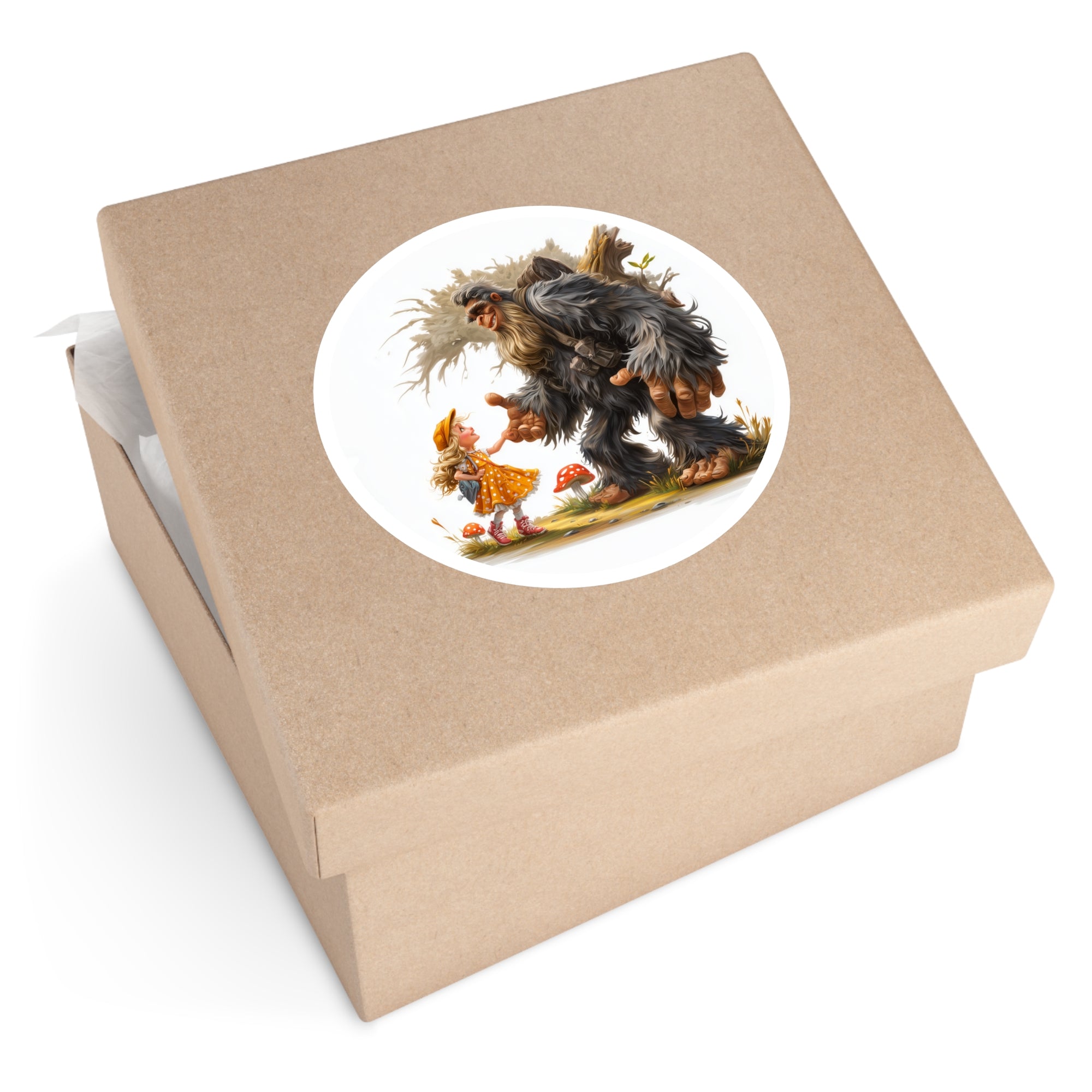 Little Girl and Sasquatch Sticker, Whimsical Friendship Art, Forest Fantasy, Cute Scene