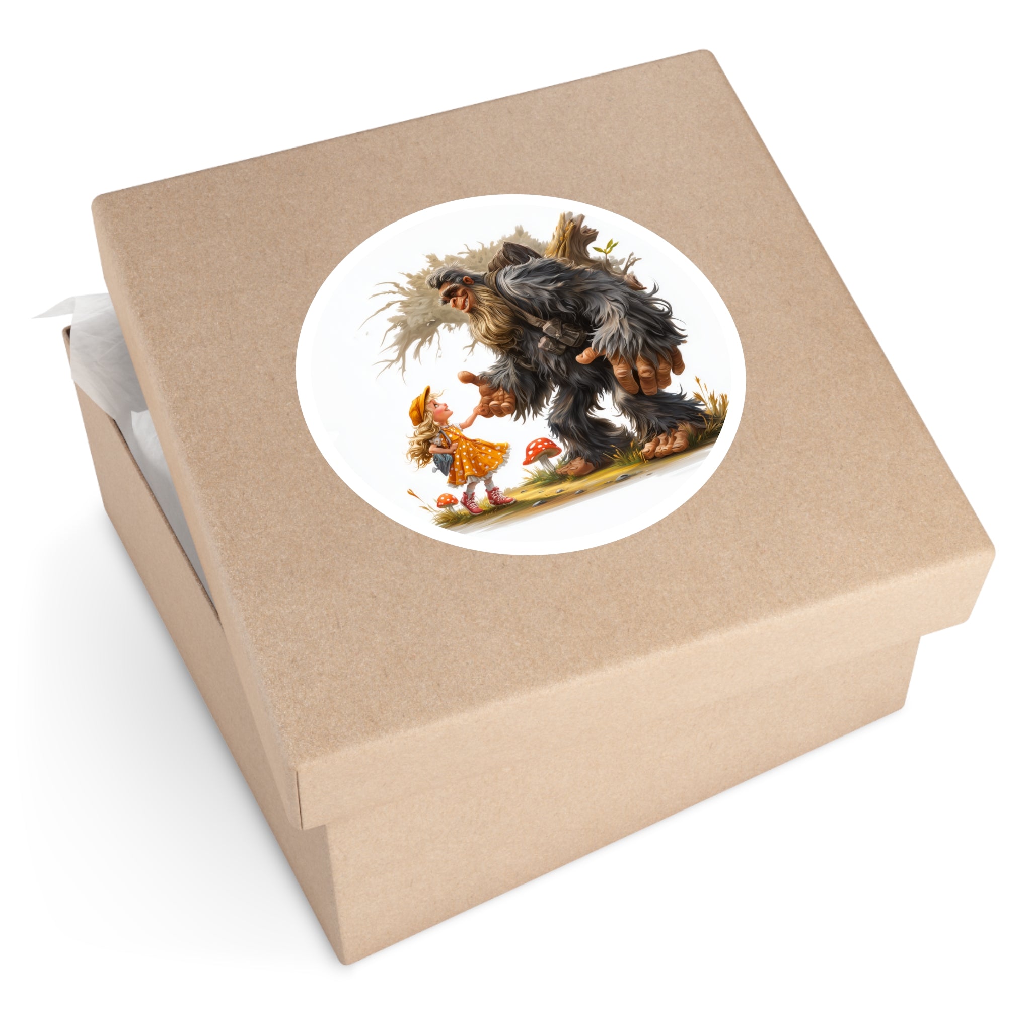 Little Girl and Sasquatch Sticker, Whimsical Friendship Art, Forest Fantasy, Cute Scene