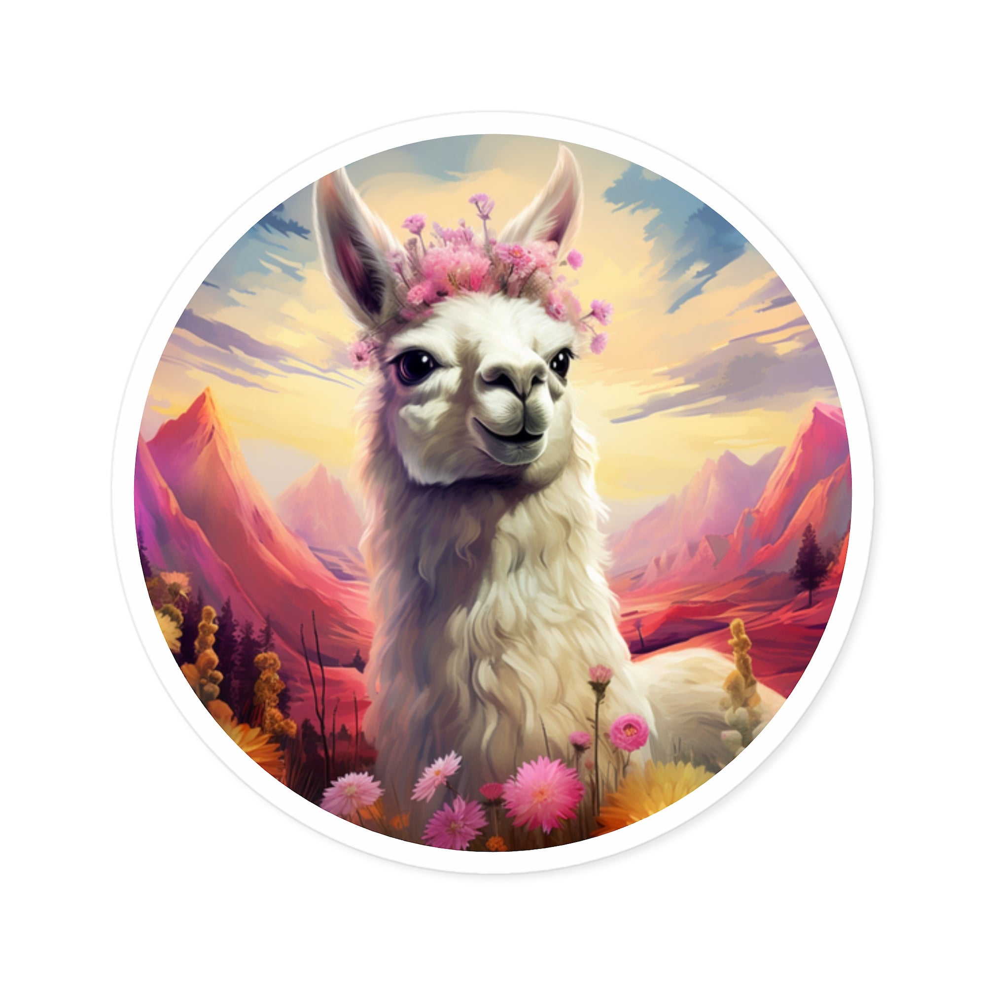 Colorful Llama Sticker, Mountain Scene Art, Whimsical Animal Design, Cheerful Aesthetic