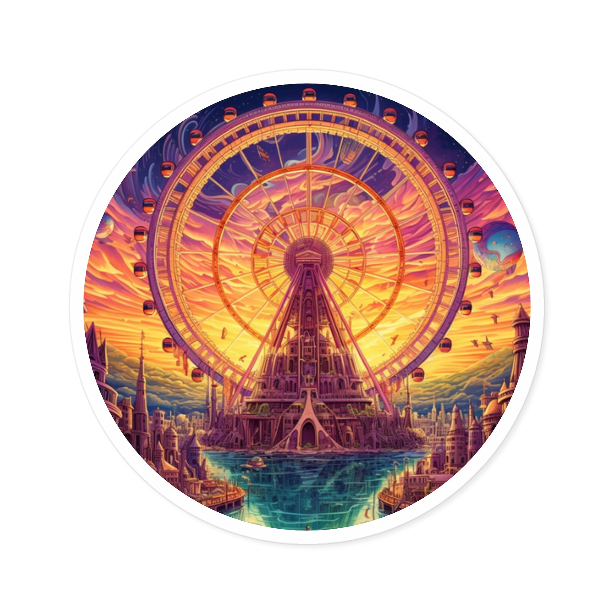 Ferris Wheel Above a Bright Cityscape Sticker