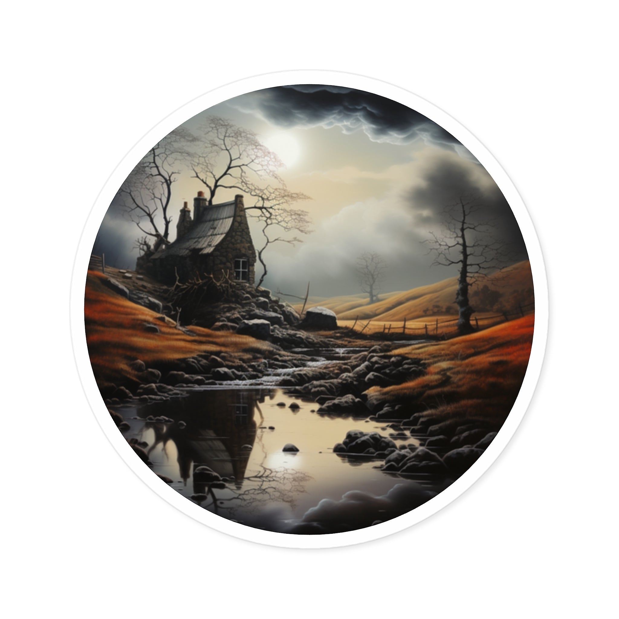 Haunted Cottage Sticker, Spooky Landscape Art, Gothic Nature Design, Atmospheric Scene