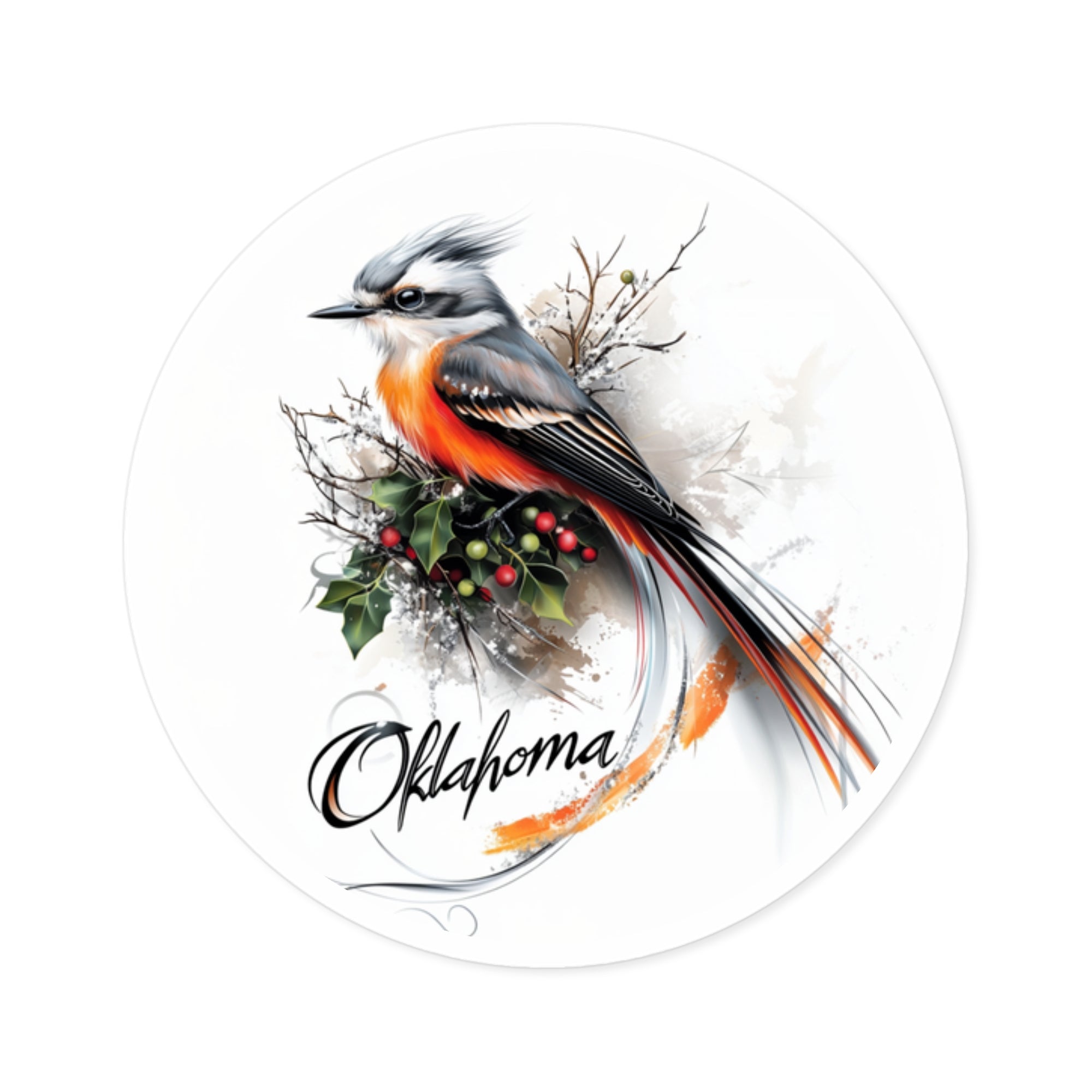 Oklahoma Flycatcher Sticker, State Bird and Mistletoe Design, Nature Art