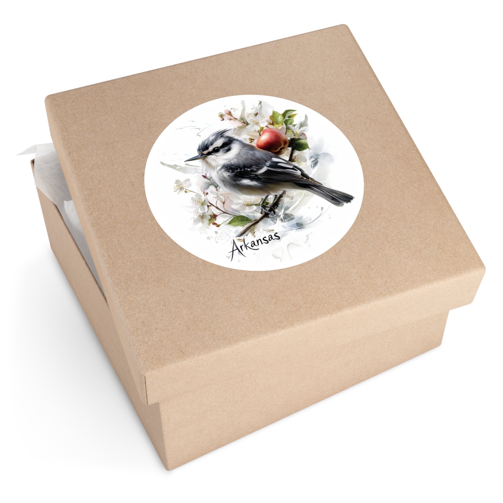 Arkansas Mockingbird Sticker, State Bird and Flower Art, Apple Blossom Design, Nature Theme