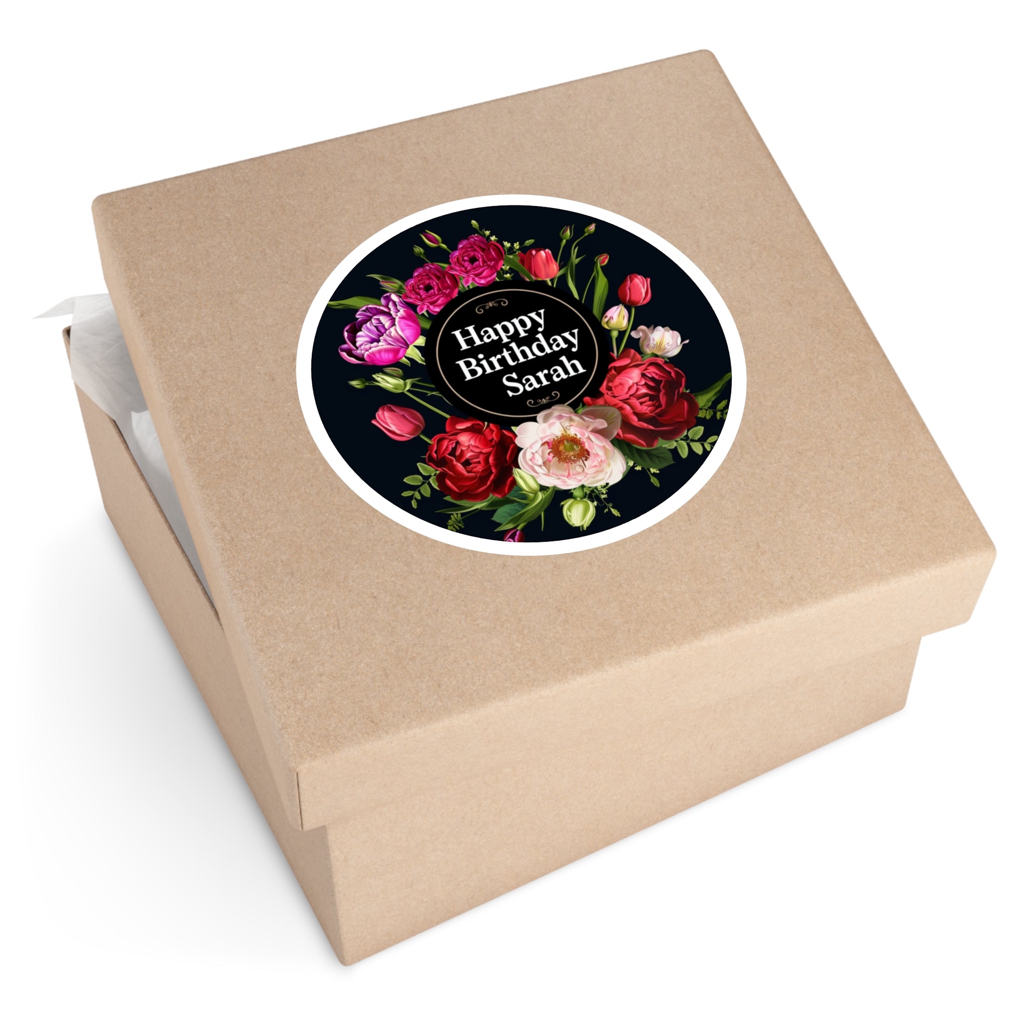 Happy Birthday Sarah Sticker, Floral Design, Elegant Flower Art, Celebration Gift