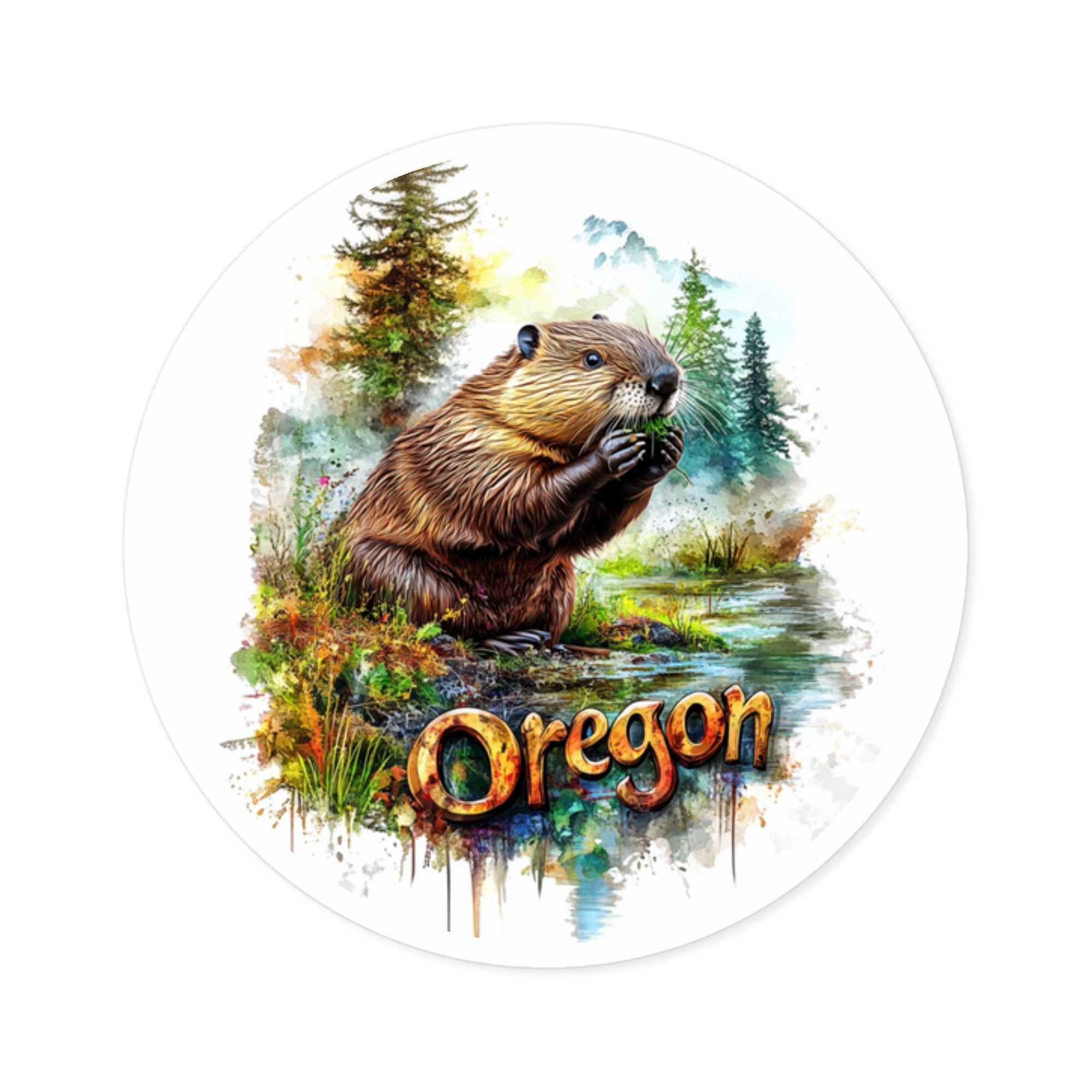 Oregon Beaver, Forest Landscape Sticker, Water Bottle or Laptop, State Pride