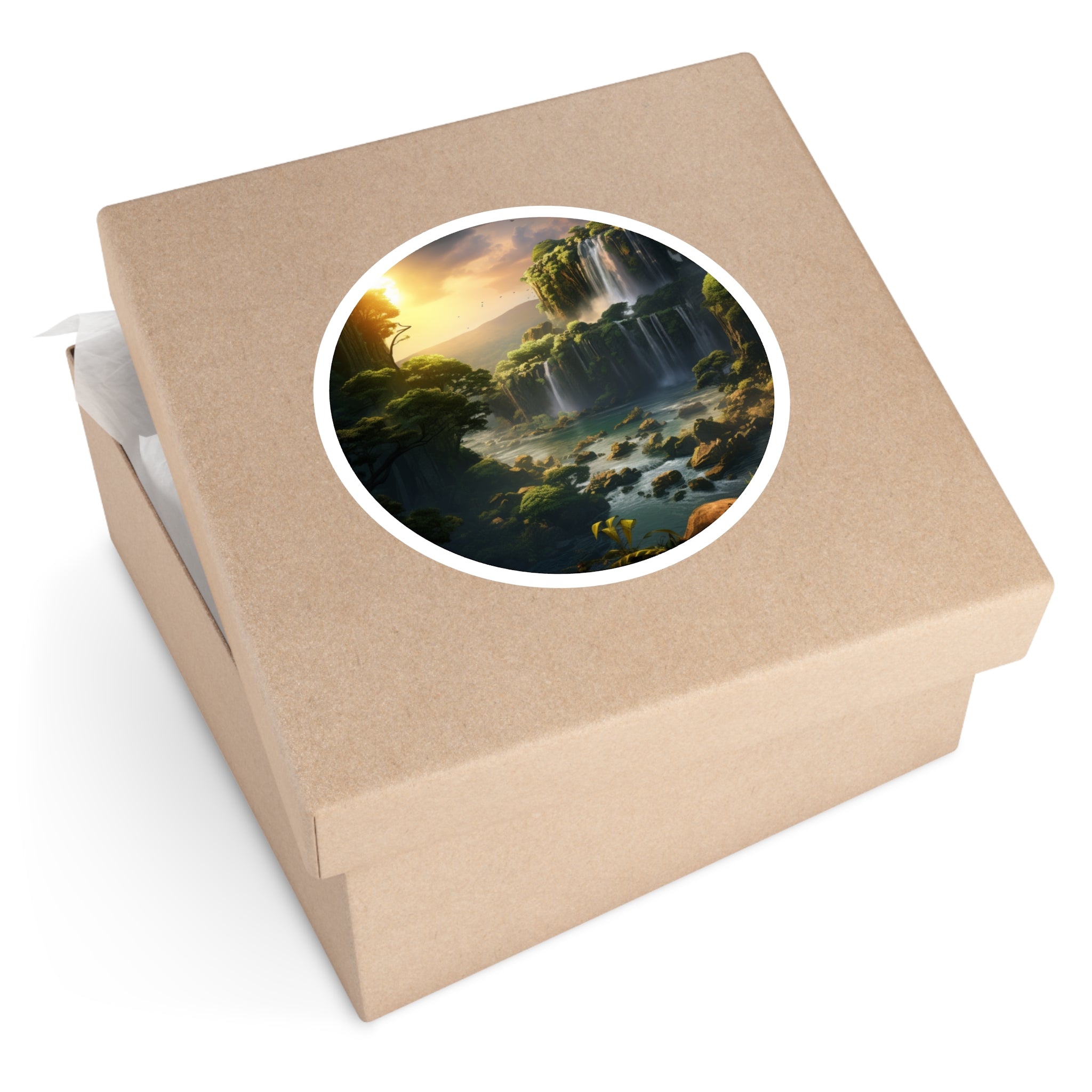 Waterfall Landscape Sticker, Fantasy Art Style, Nature Gift