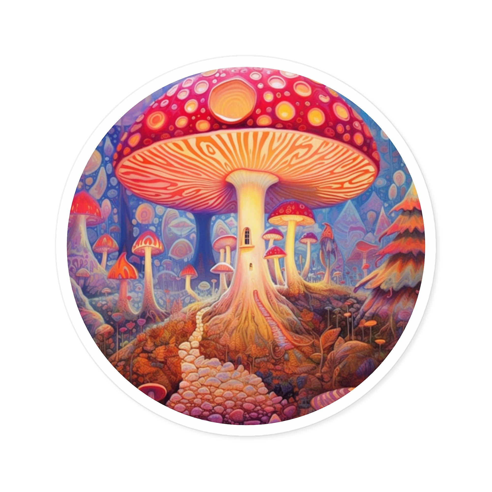 Whimsical Mushroom Village, Fantasy Scene Sticker, Laptop Decal, Trippy Art Gift