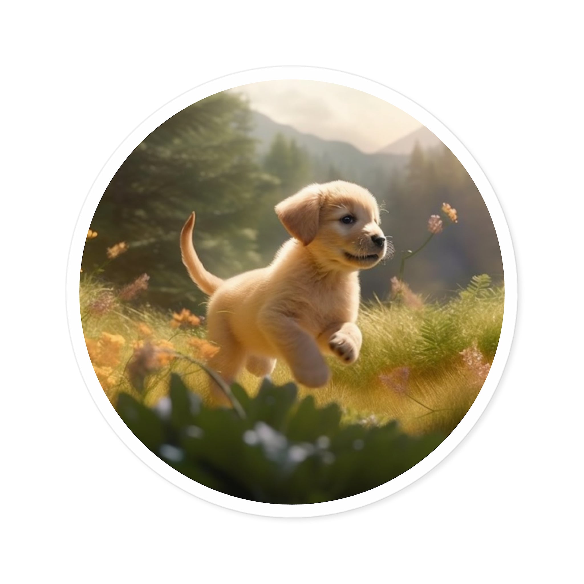 Golden Retriever Puppy, Joyful Running Sticker, Happy Dog, Playful Scene