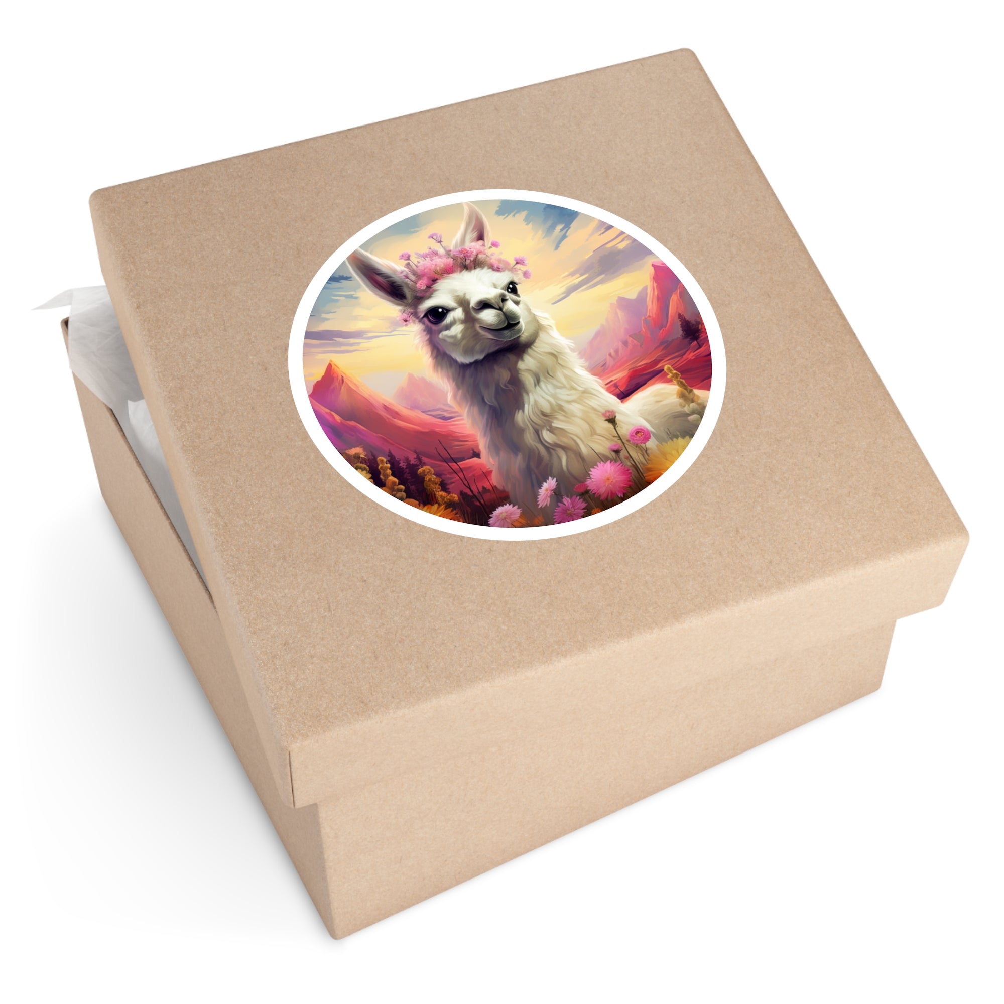 Colorful Llama Sticker, Mountain Scene Art, Whimsical Animal Design, Cheerful Aesthetic
