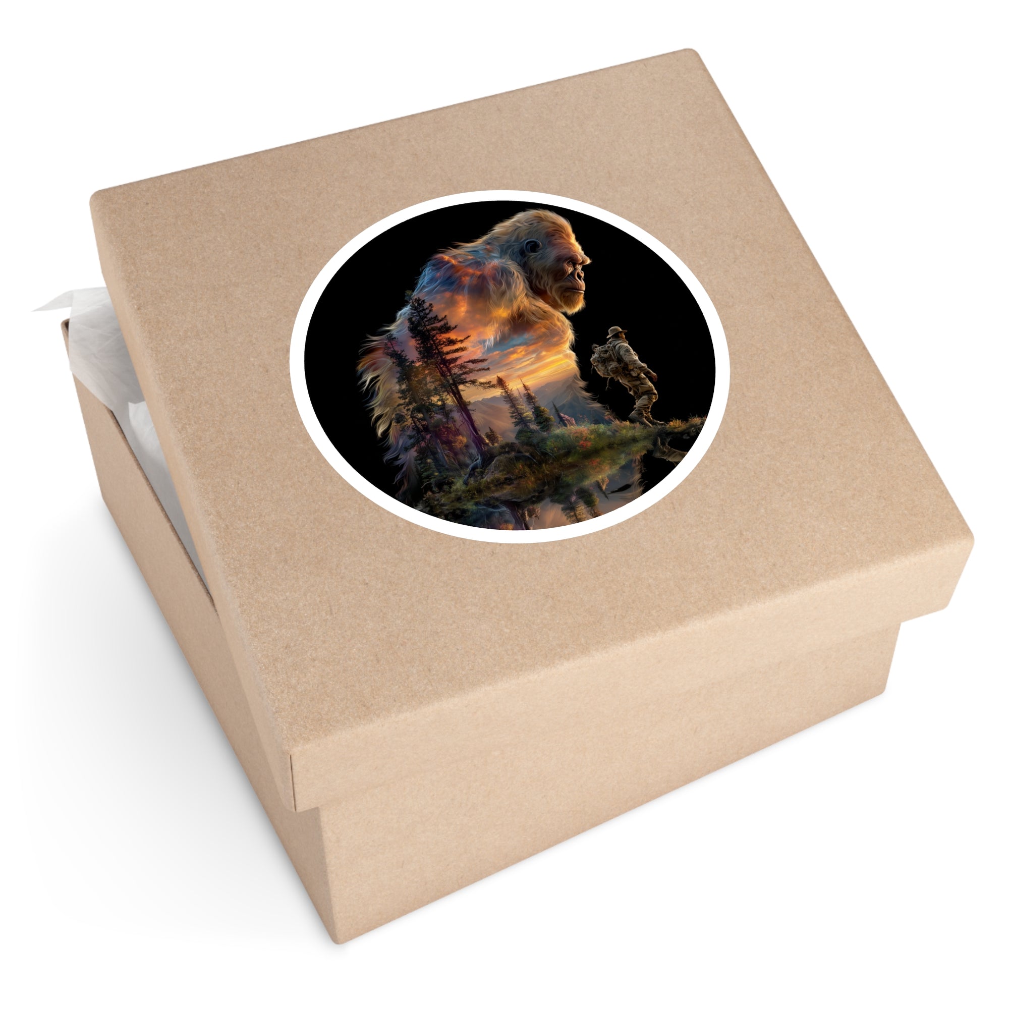 Sunset Sasquatch Sticker, Realistic Fantasy Art, Explorer Theme, Nature Collector