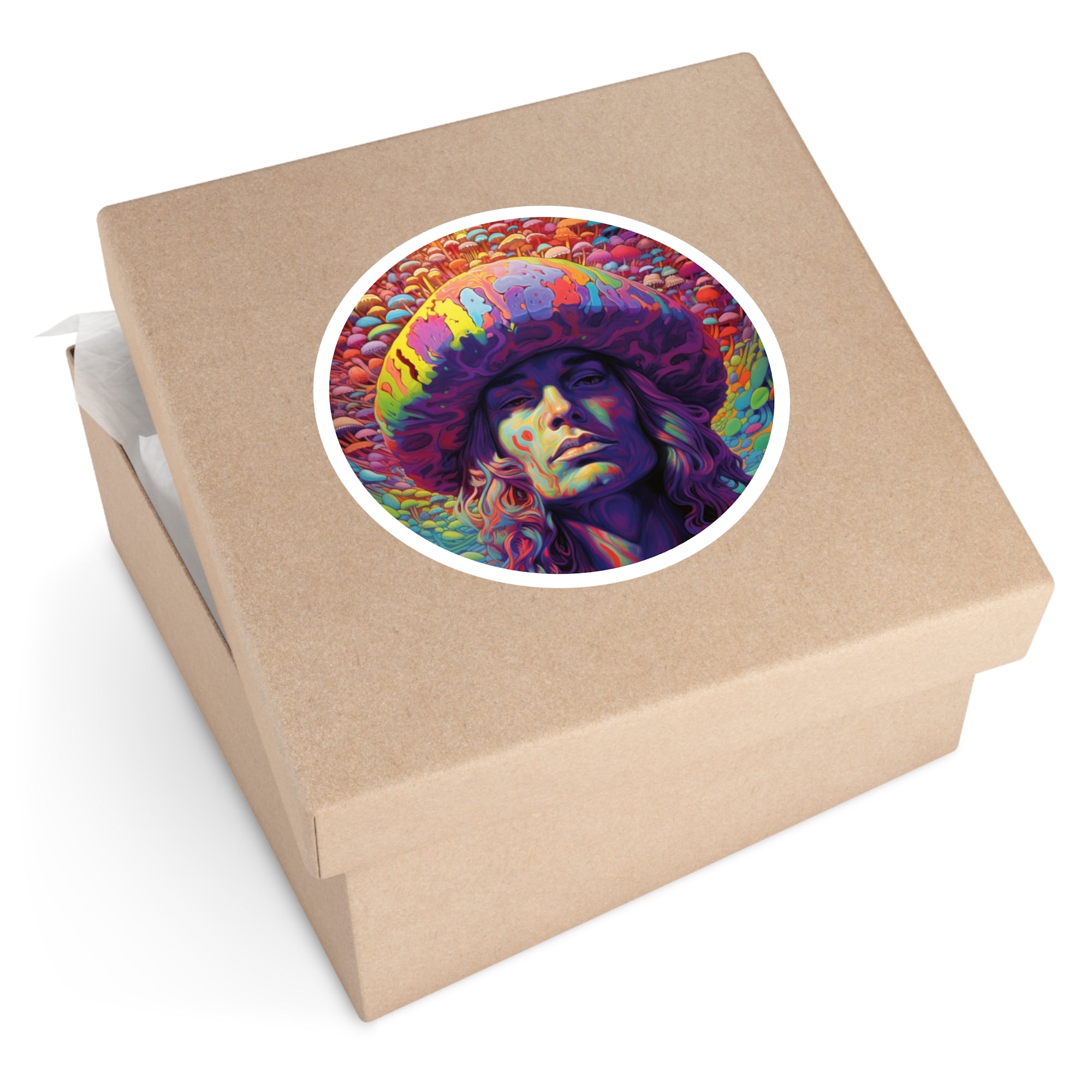 Psychedelic Mushroom Man Sticker, Trippy Art Design, Color Explosion, Surreal Style