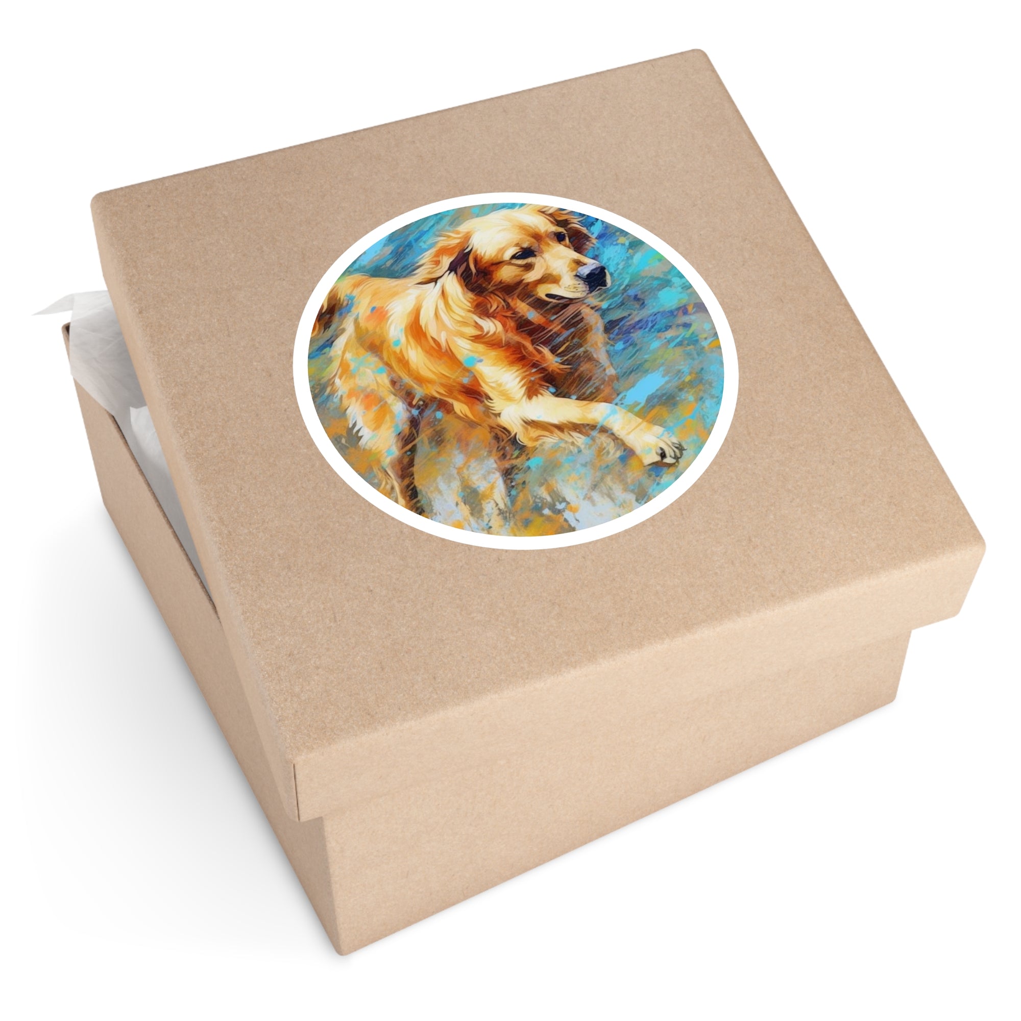 Golden Retriever Running Sticker, Energetic Dog Design, Splash Art, Modern Style