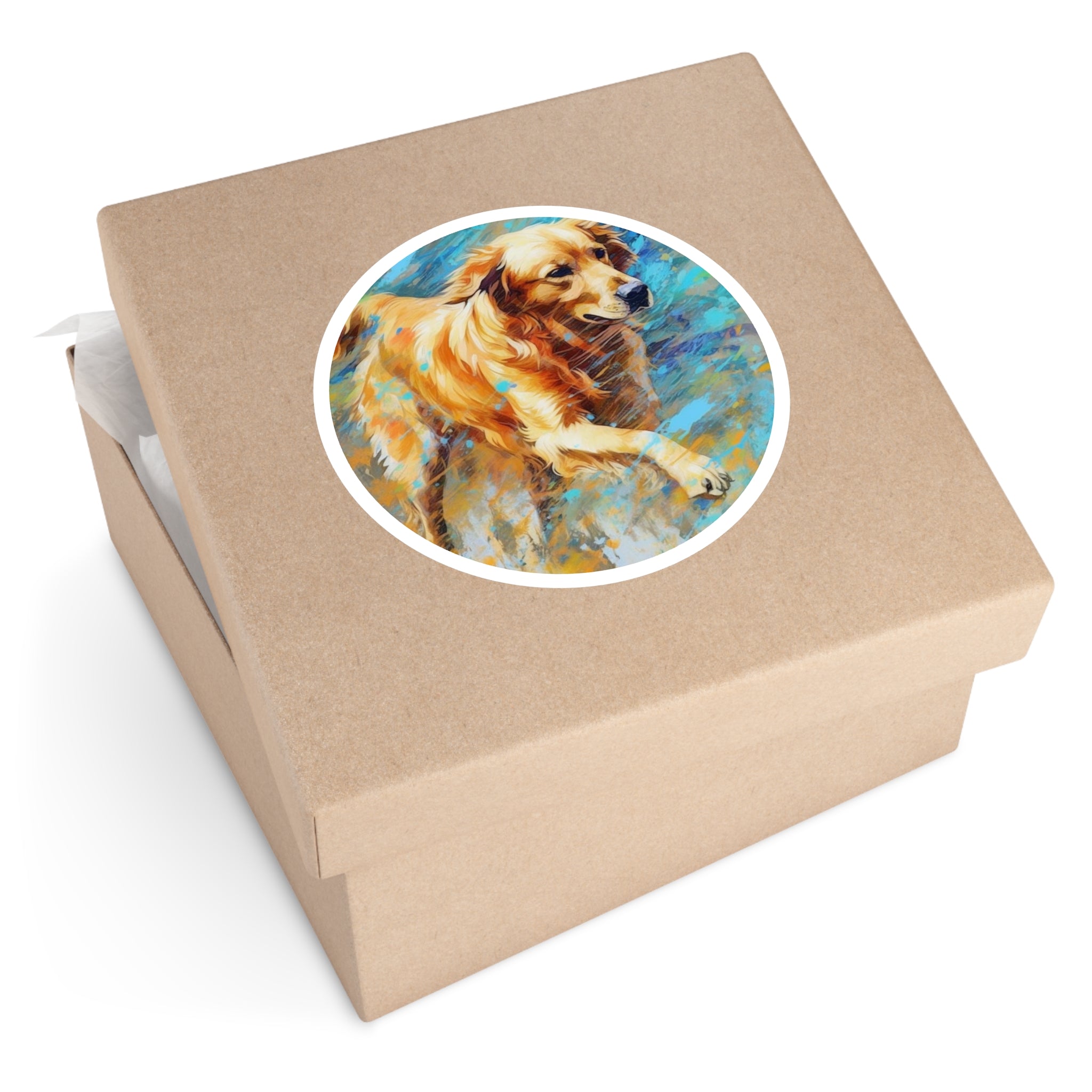 Golden Retriever Running Sticker, Energetic Dog Design, Splash Art, Modern Style