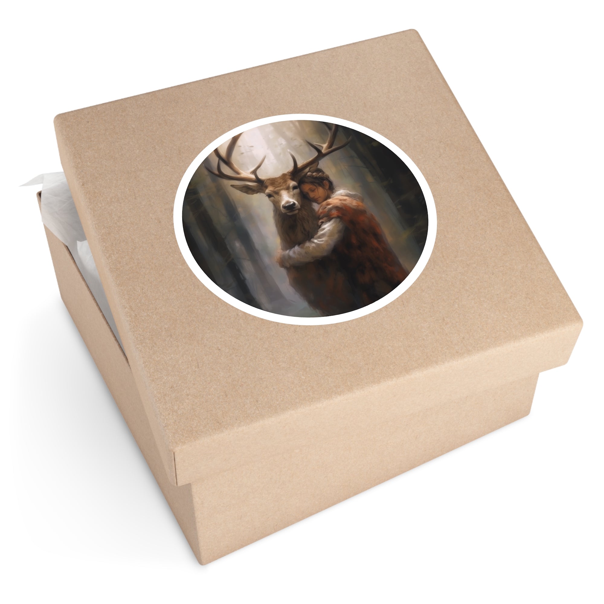 Deer and Woman Sticker, Fantasy Forest Art, Emotional Design, Whimsical Scene