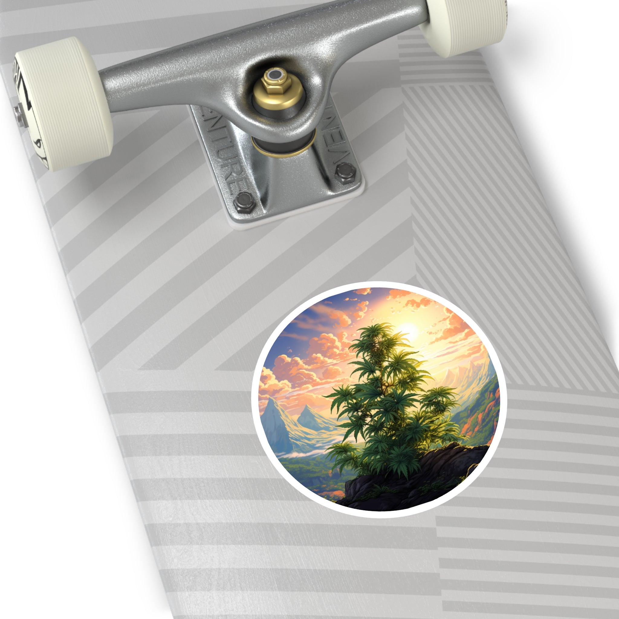 Cannabis Plant in Mountain Valley, Scenic Nature Sticker, Outdoor Art, Vibrant Design