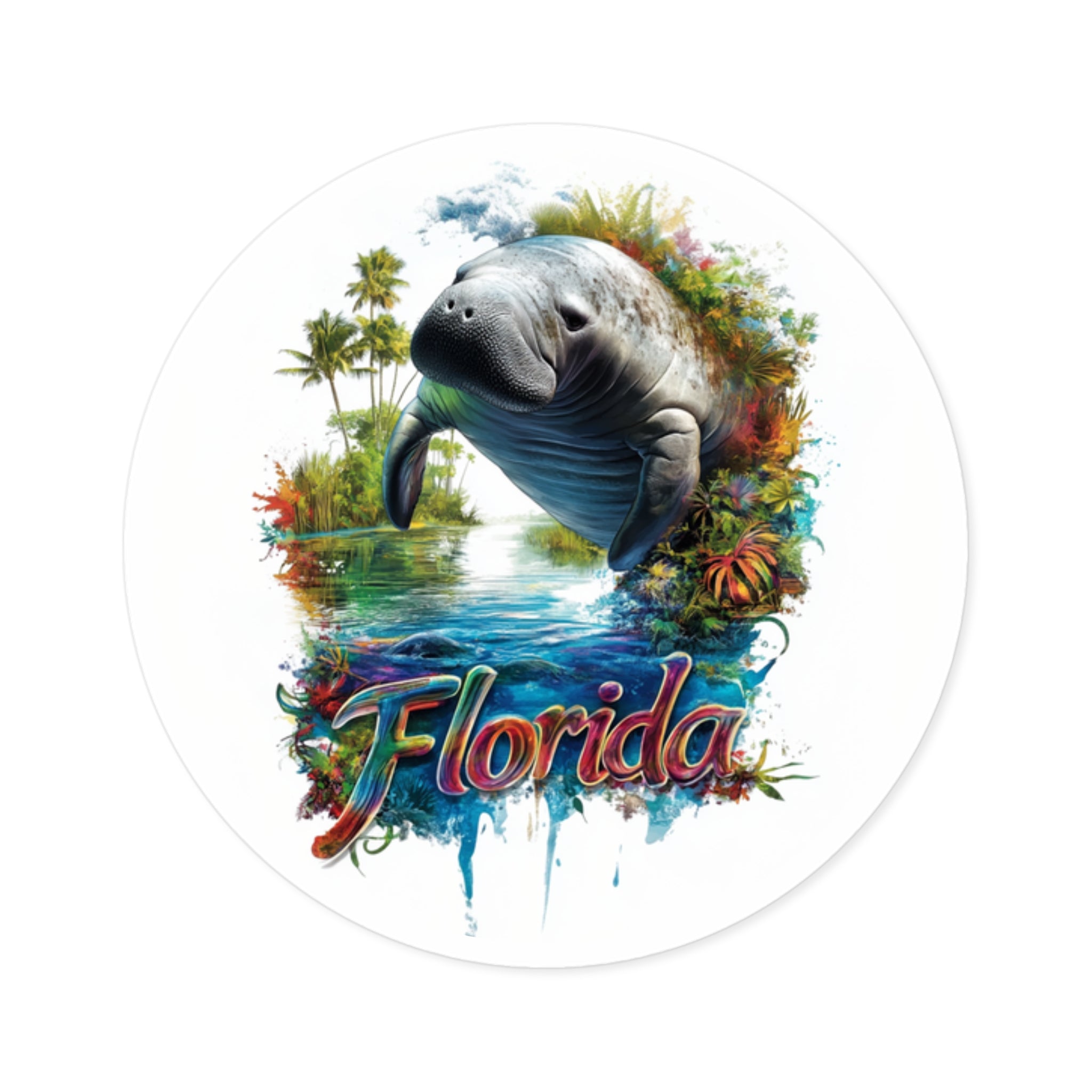 Florida Manatee Sticker, State Animal Art, Ocean Design, Tropical Scene