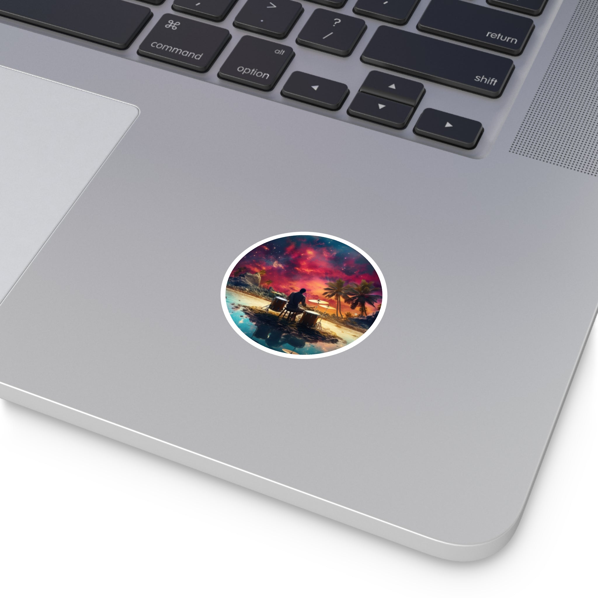 Island Drummer Nightscape, Cosmic Art Sticker, Music Decor, Dreamy Theme