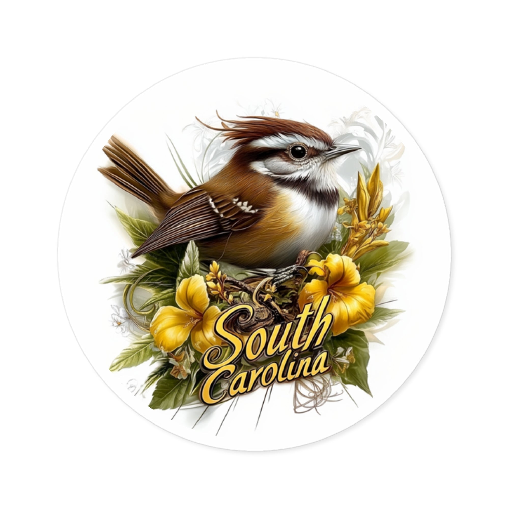 South Carolina Wren, Yellow Jessamine Sticker, Laptop or Water Bottle, State Flower Design