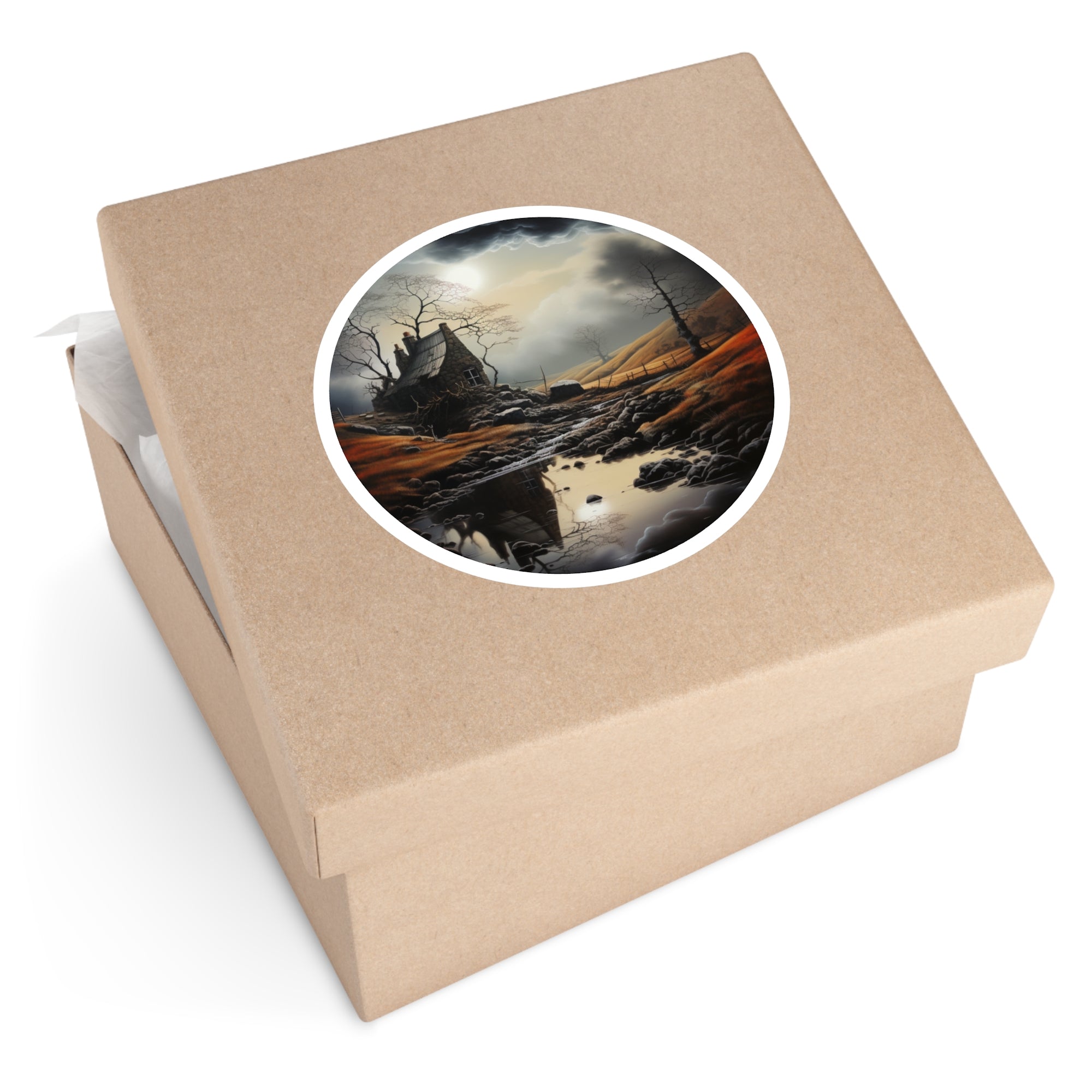 Haunted Cottage Sticker, Spooky Landscape Art, Gothic Nature Design, Atmospheric Scene