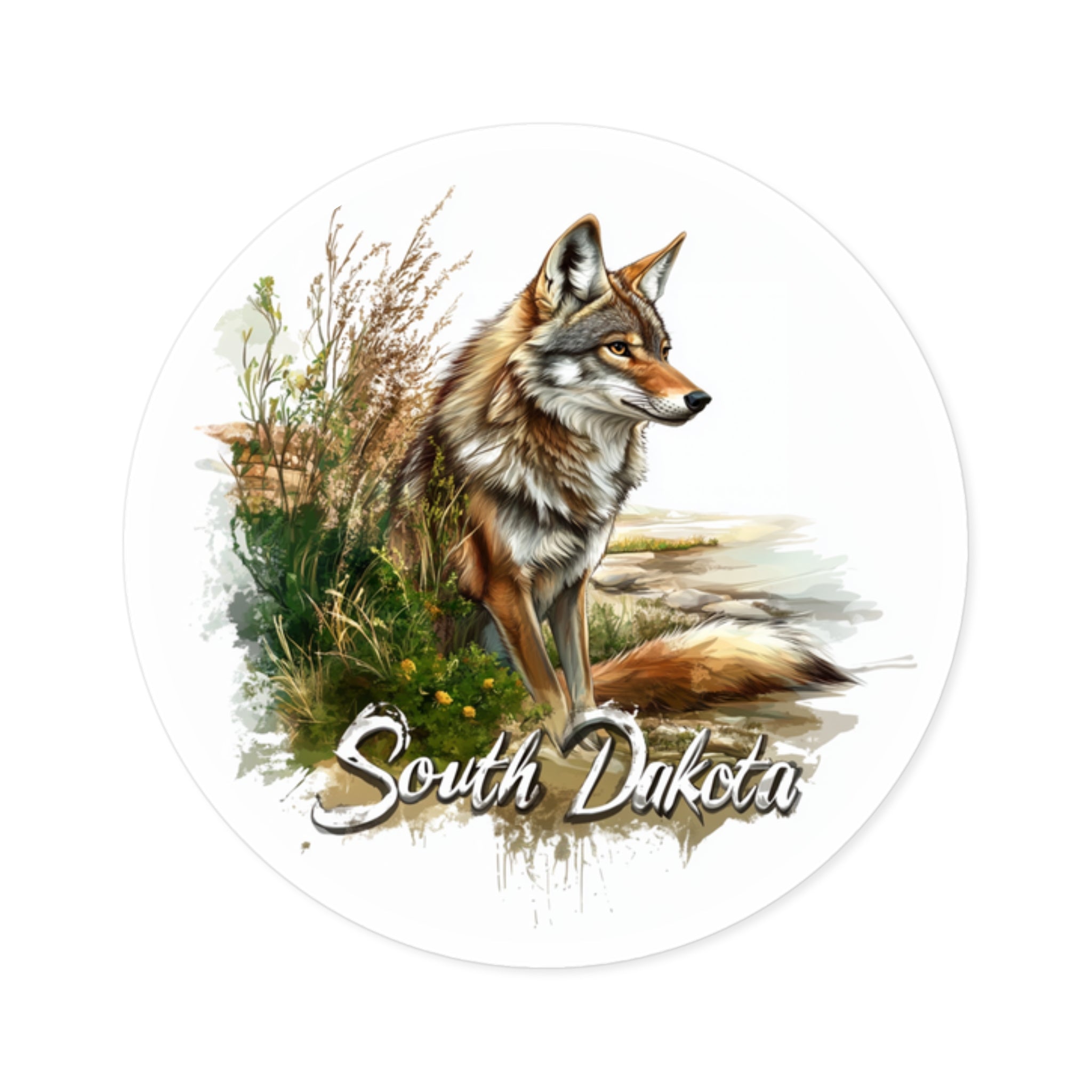 South Dakota Coyote Sticker, State Animal Art, Nature Landscape Design
