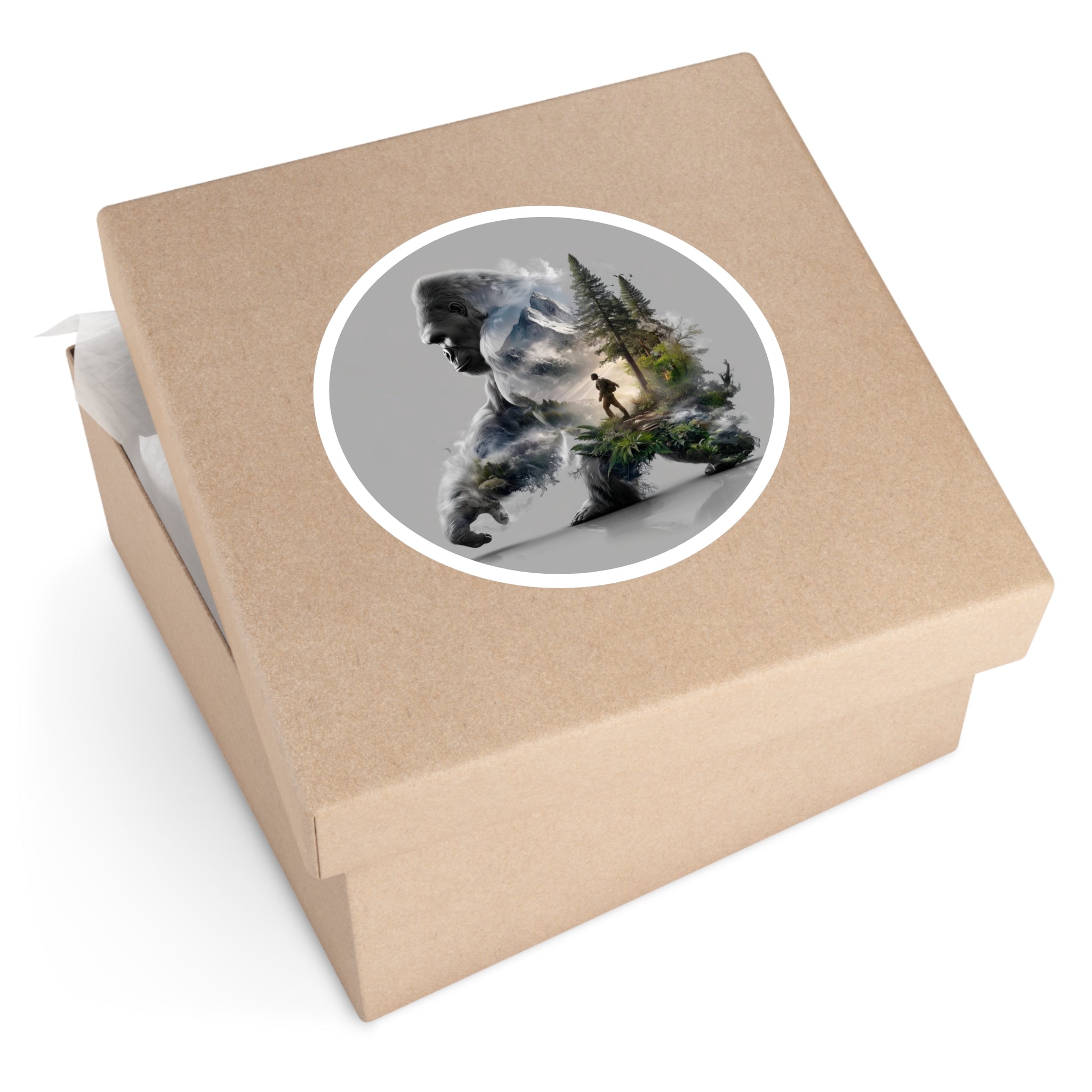 Mountain Trek Sasquatch Sticker, Surreal Landscape Art, Fantasy Explorer Design, Nature Blend