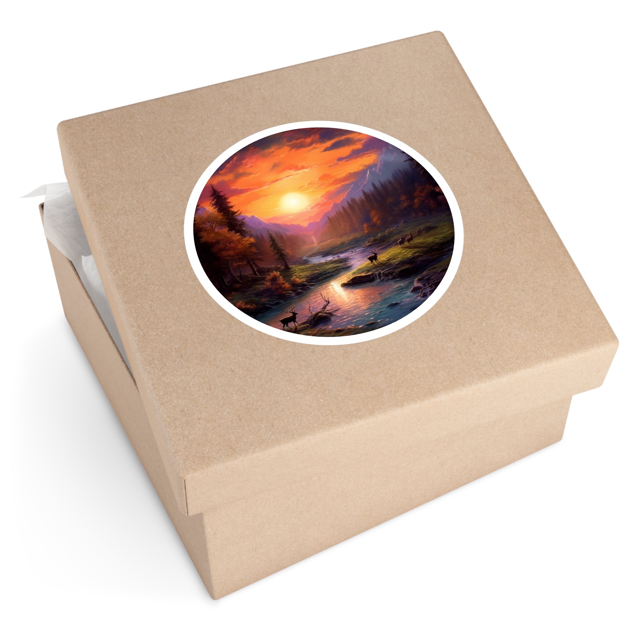 Sunset River Valley, Peaceful Nature Sticker, Outdoor Scene, Scenic Art