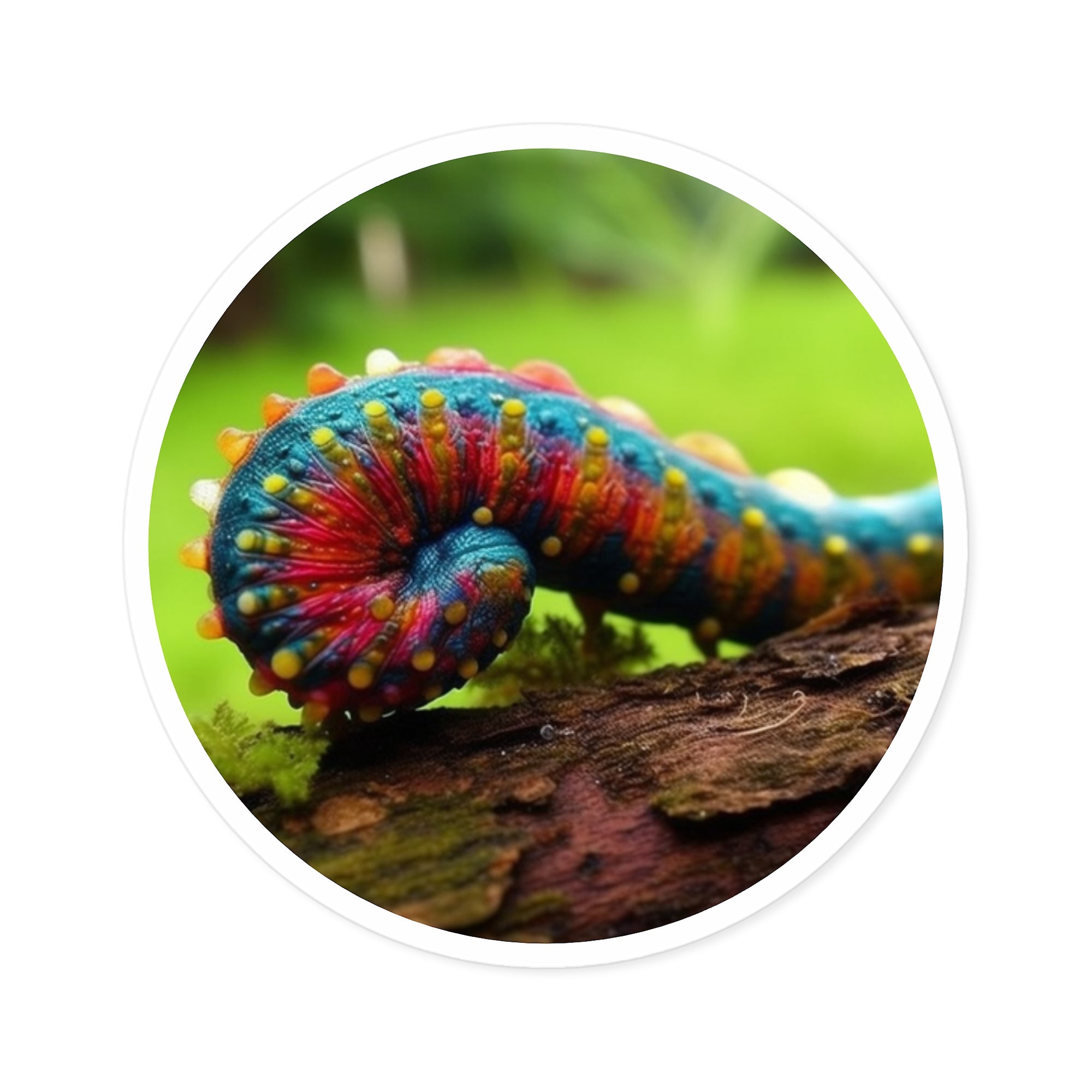 Multicolored Caterpillar, Vivid Macro Art Sticker, Nature Detail, Surreal Colors