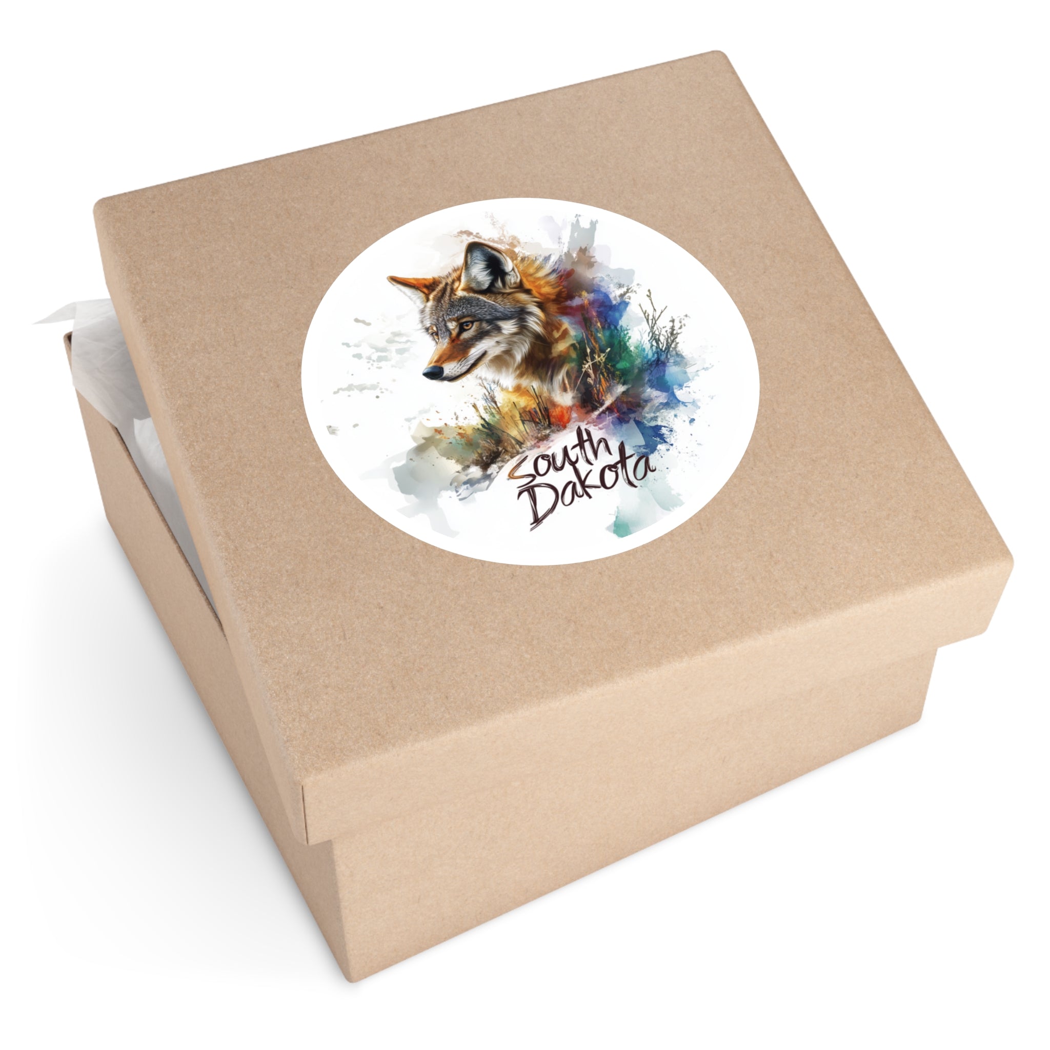 Color Splash Coyote Sticker, South Dakota Art, Watercolor Wildlife Design