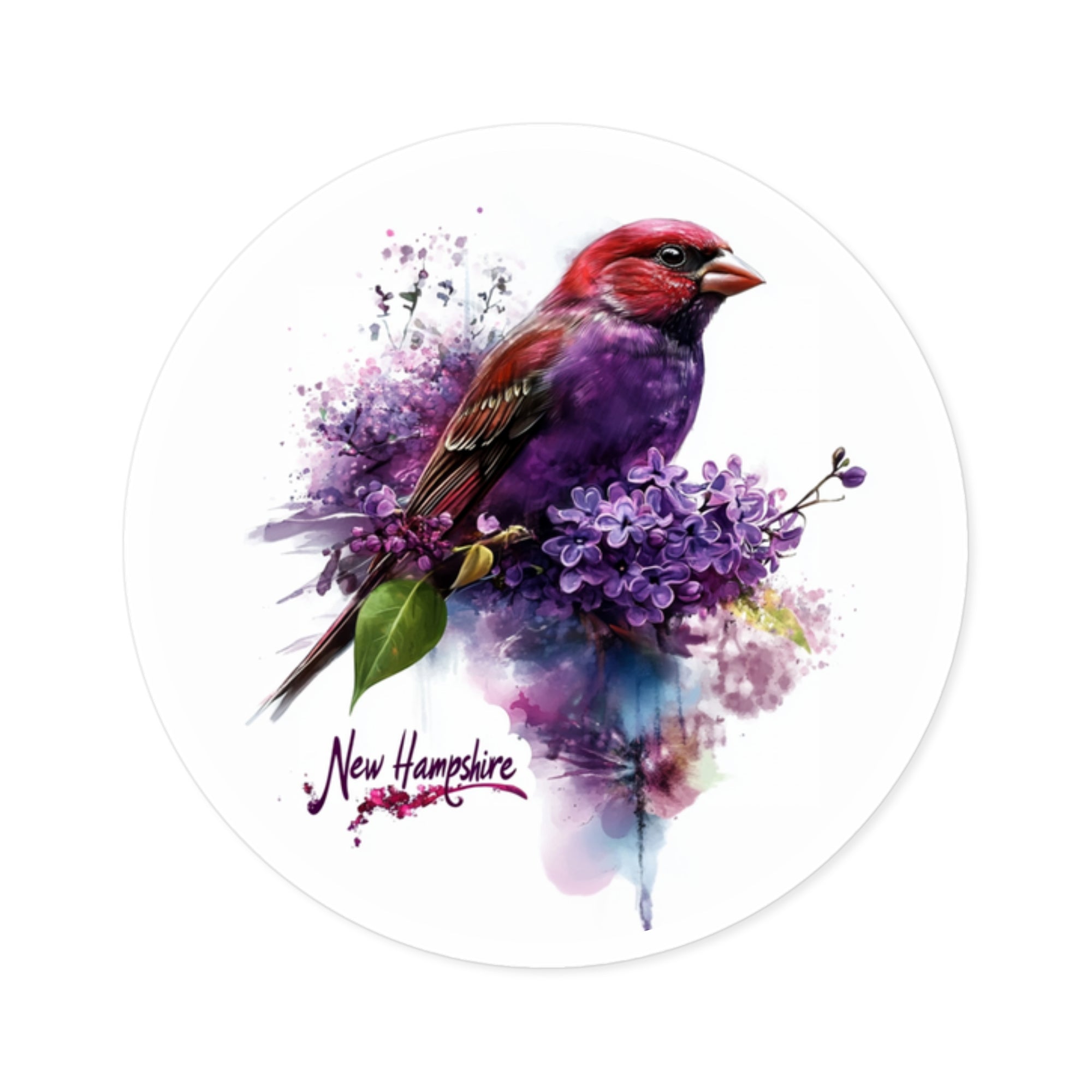 New Hampshire Bird Sticker, Purple Finch and Lilac Design, State Nature Art