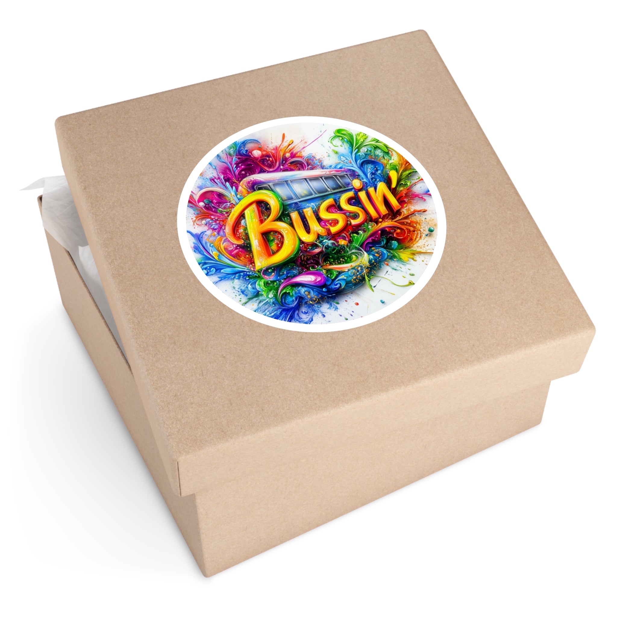 Bussin’ Sticker, Color Explosion Art, Bold Text Design, Street Style Gift