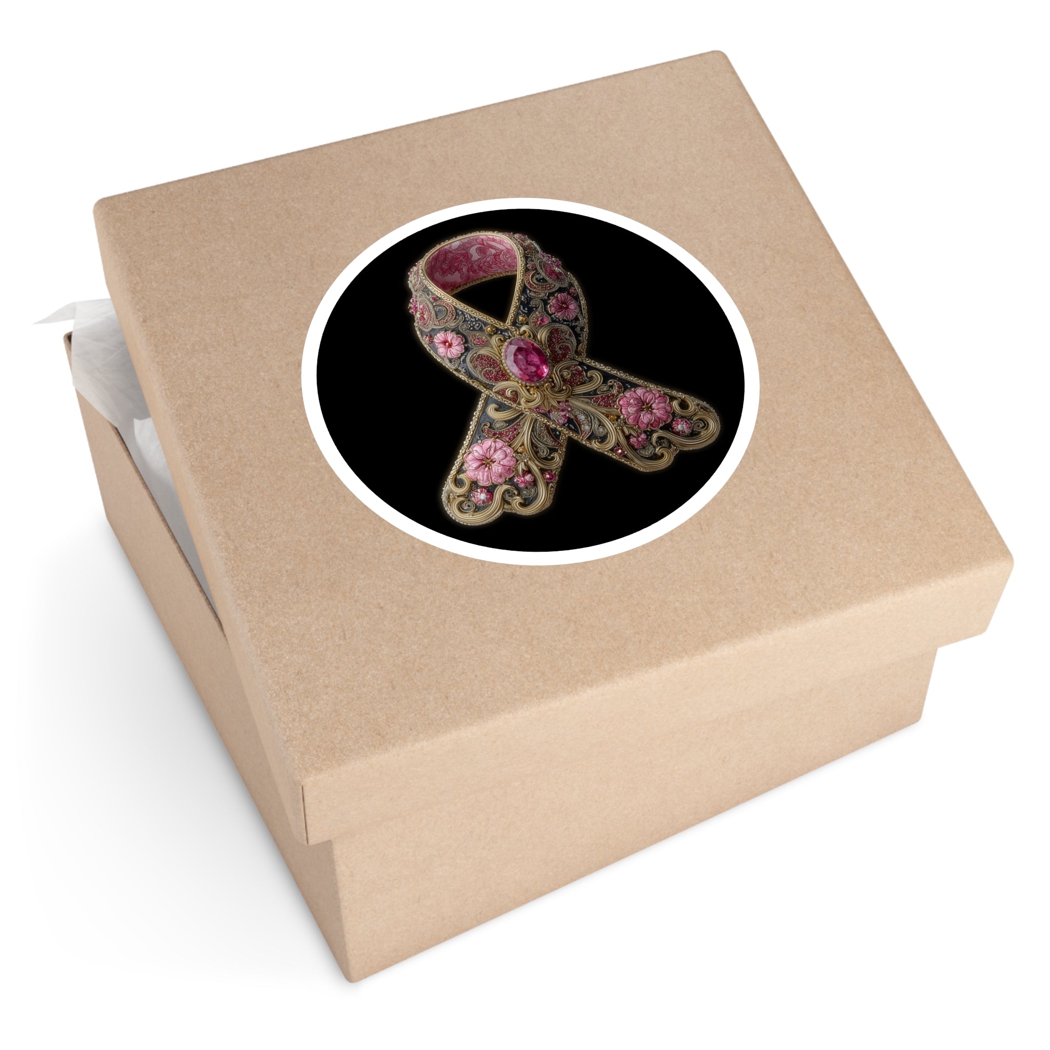 Pink Awareness Ribbon Sticker, Ornate Jewel Design, Decorative Symbol, Elegant Support Art