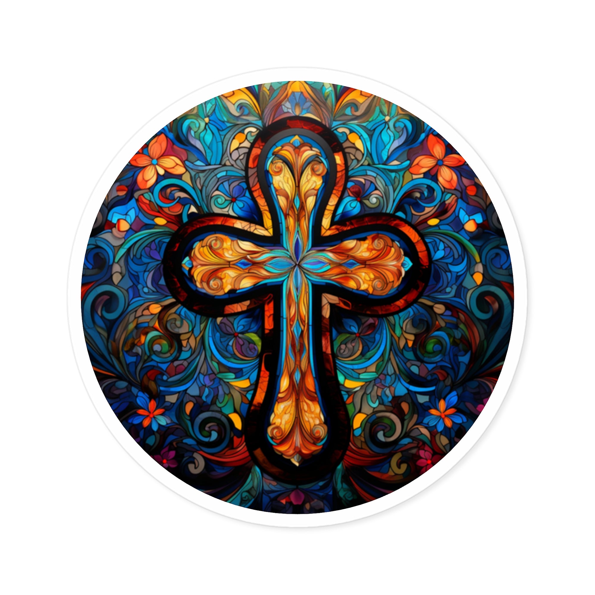 Stained Glass Cross Sticker, Colorful Art Style, Faith Gift