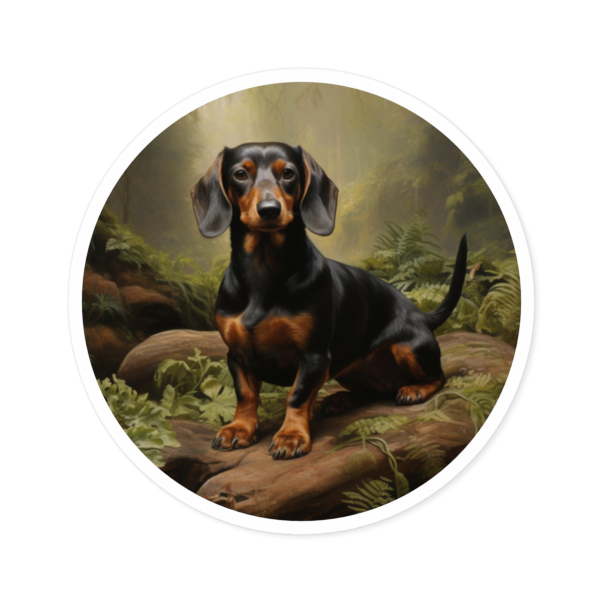 Dachshund Forest Sticker, Realistic Dog Art, Nature Scene, Peaceful Pet Aesthetic
