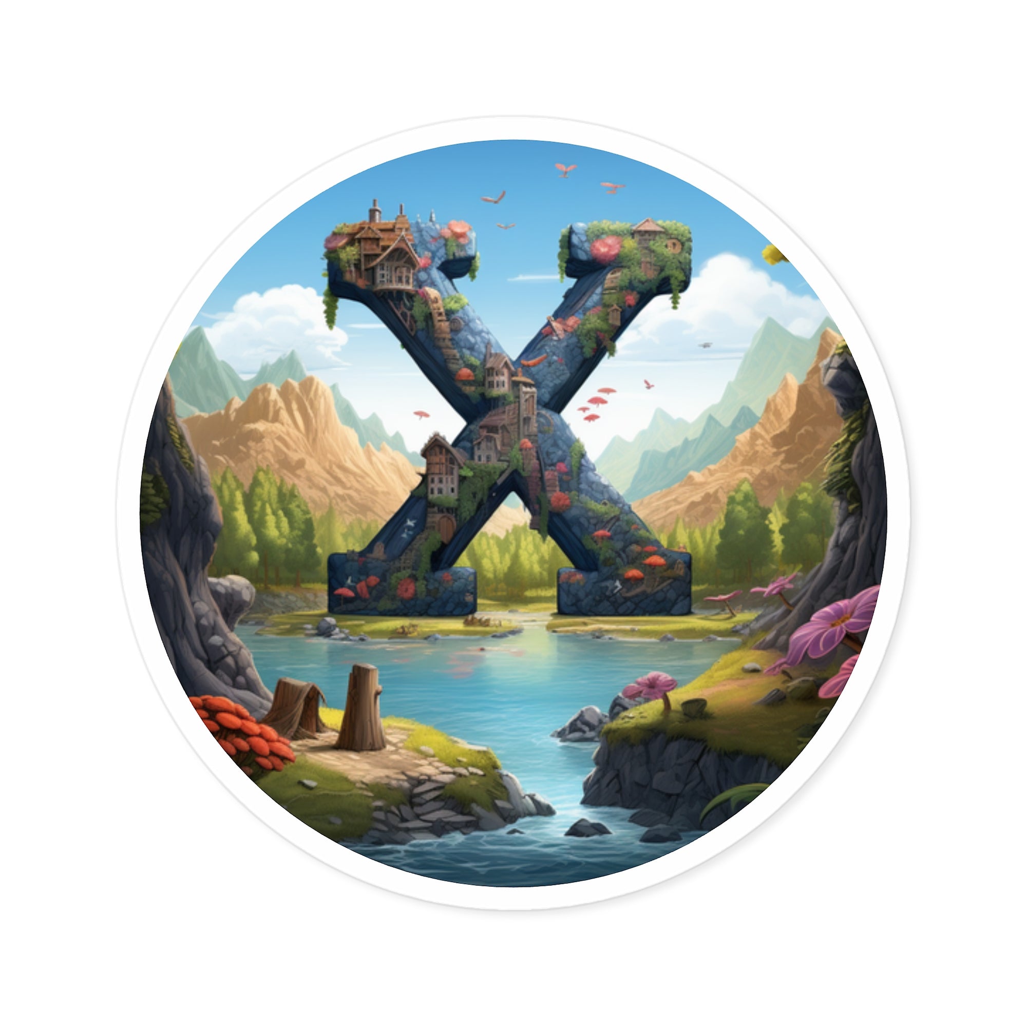 Letter X Whimsical Design, Nature Fantasy Sticker, Peaceful Gift