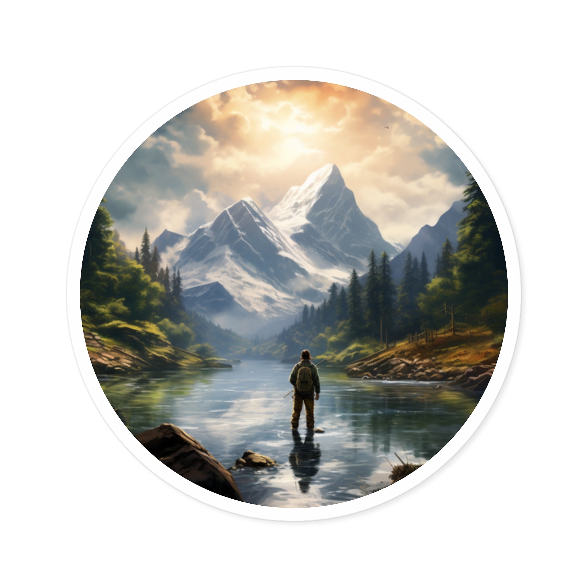 Mountain Stream Fishing, Peaceful Nature Sticker, Laptop Decal, Outdoor Adventure Gift