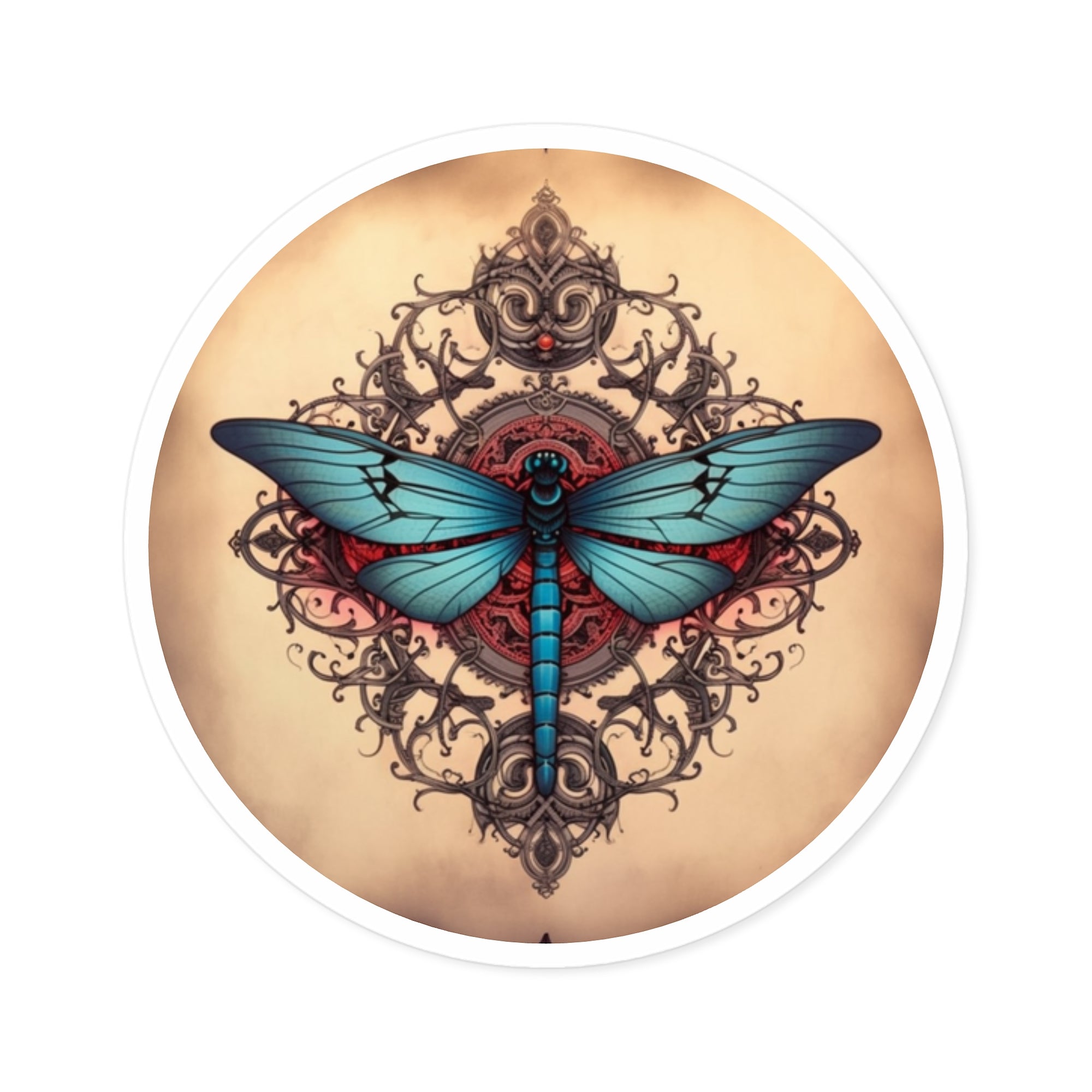 Blue Dragonfly Sticker, Vintage Mandala Design, Elegant Tattoo Art, Nature Symbol