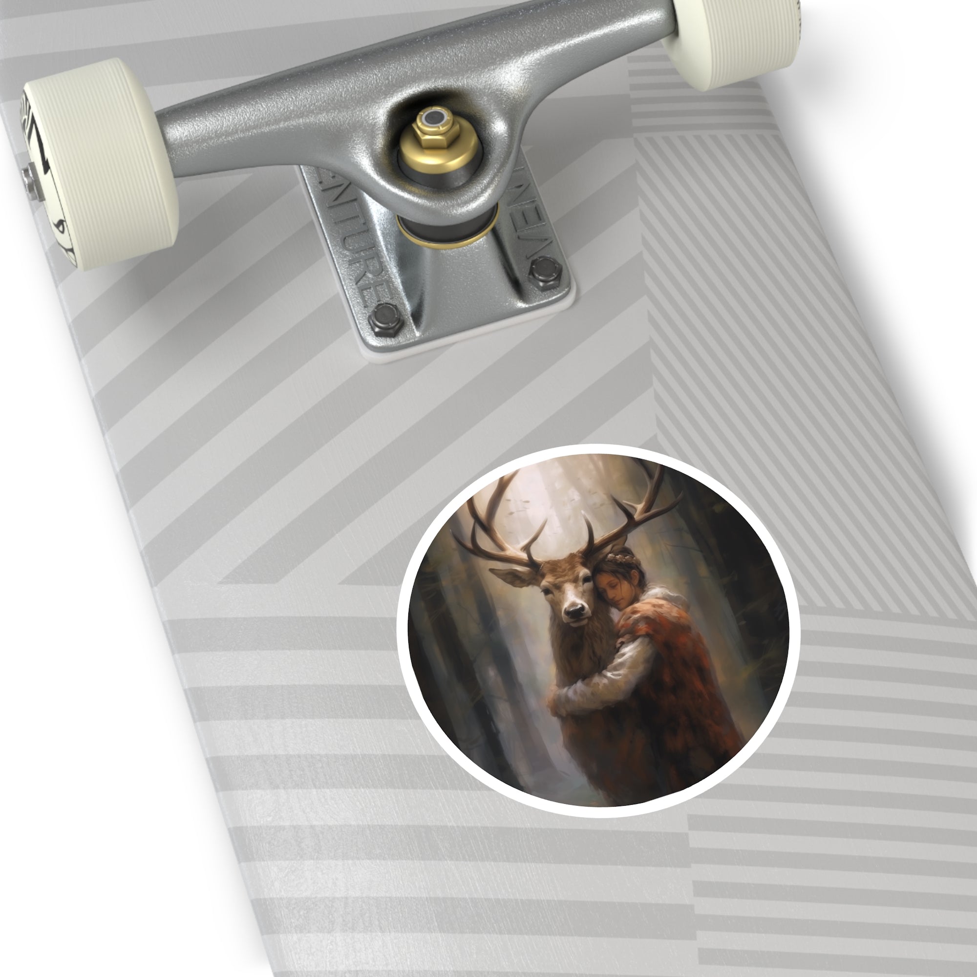 Deer and Woman Sticker, Fantasy Forest Art, Emotional Design, Whimsical Scene