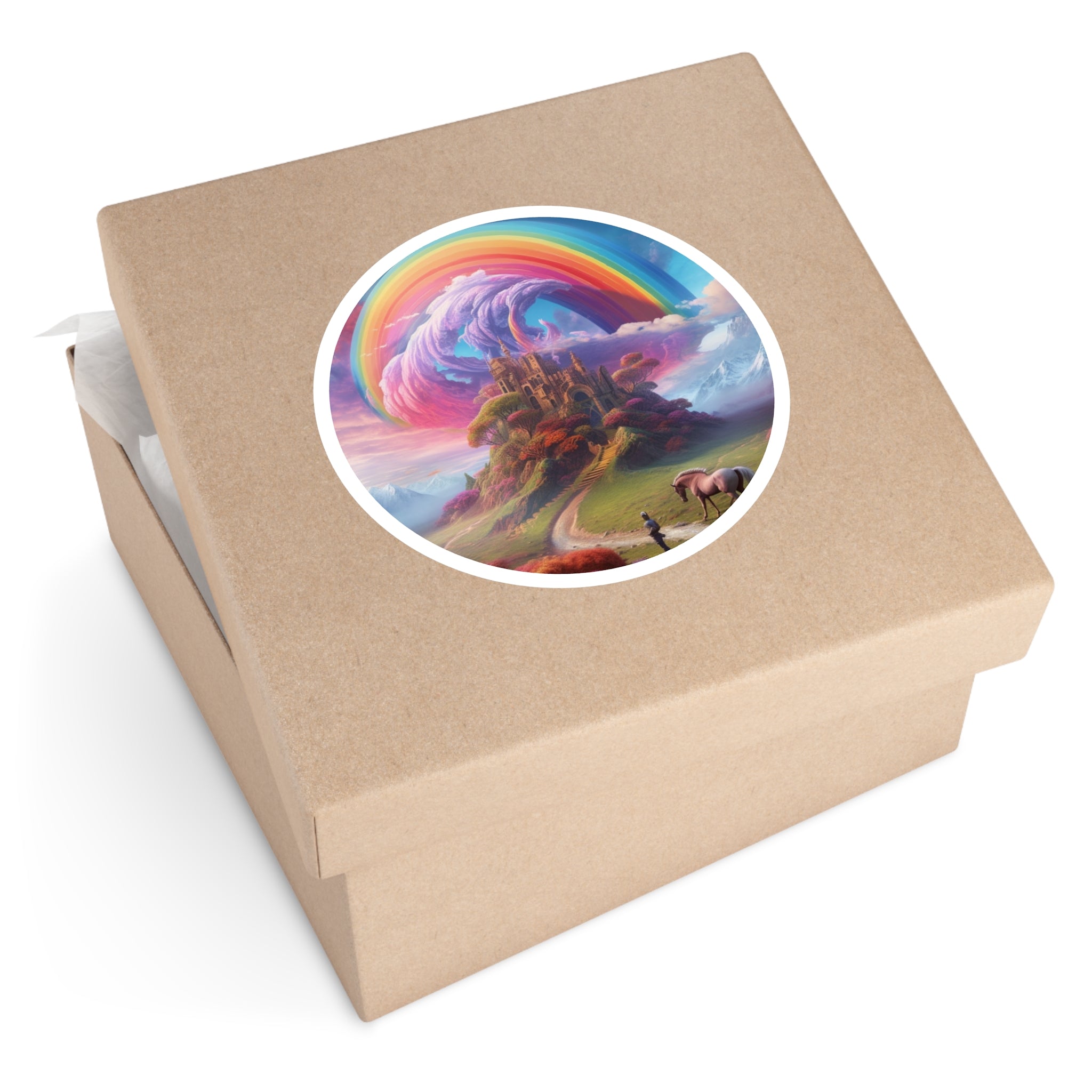 Rainbow Castle Sticker, Fantasy Landscape Art, Magical Design, Dreamy Scenic Aesthetic