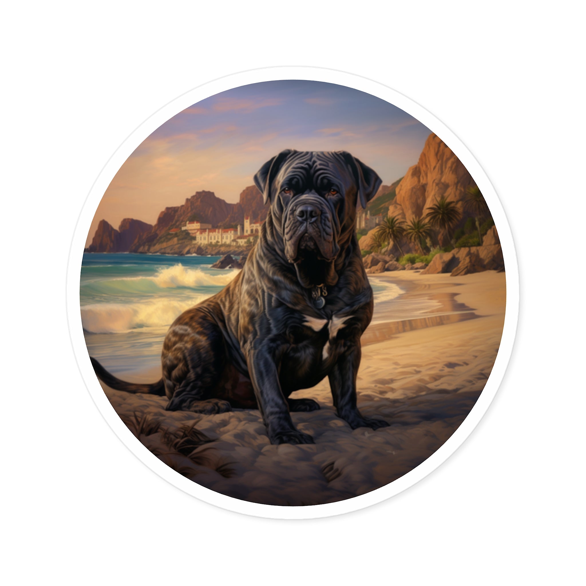 Cane Corso by the Sea, Serene Realism Sticker, Laptop Decal, Beach Vibes