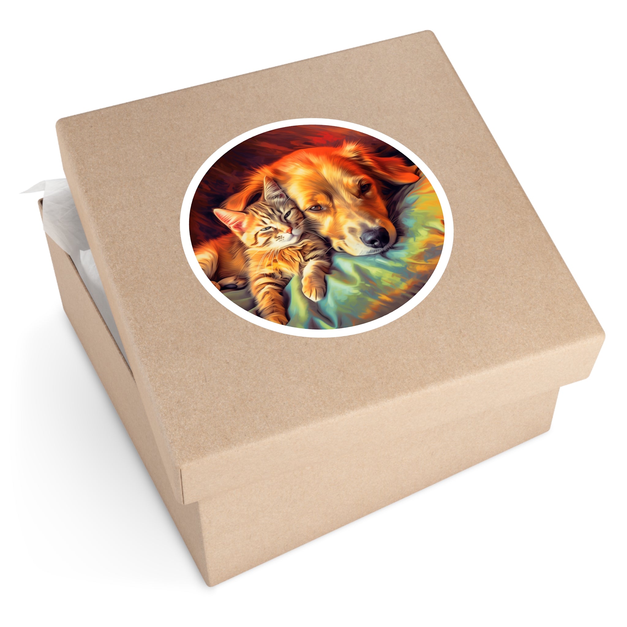 Cat and Dog Cuddle Sticker, Friendship Pet Art, Cozy Animal Design