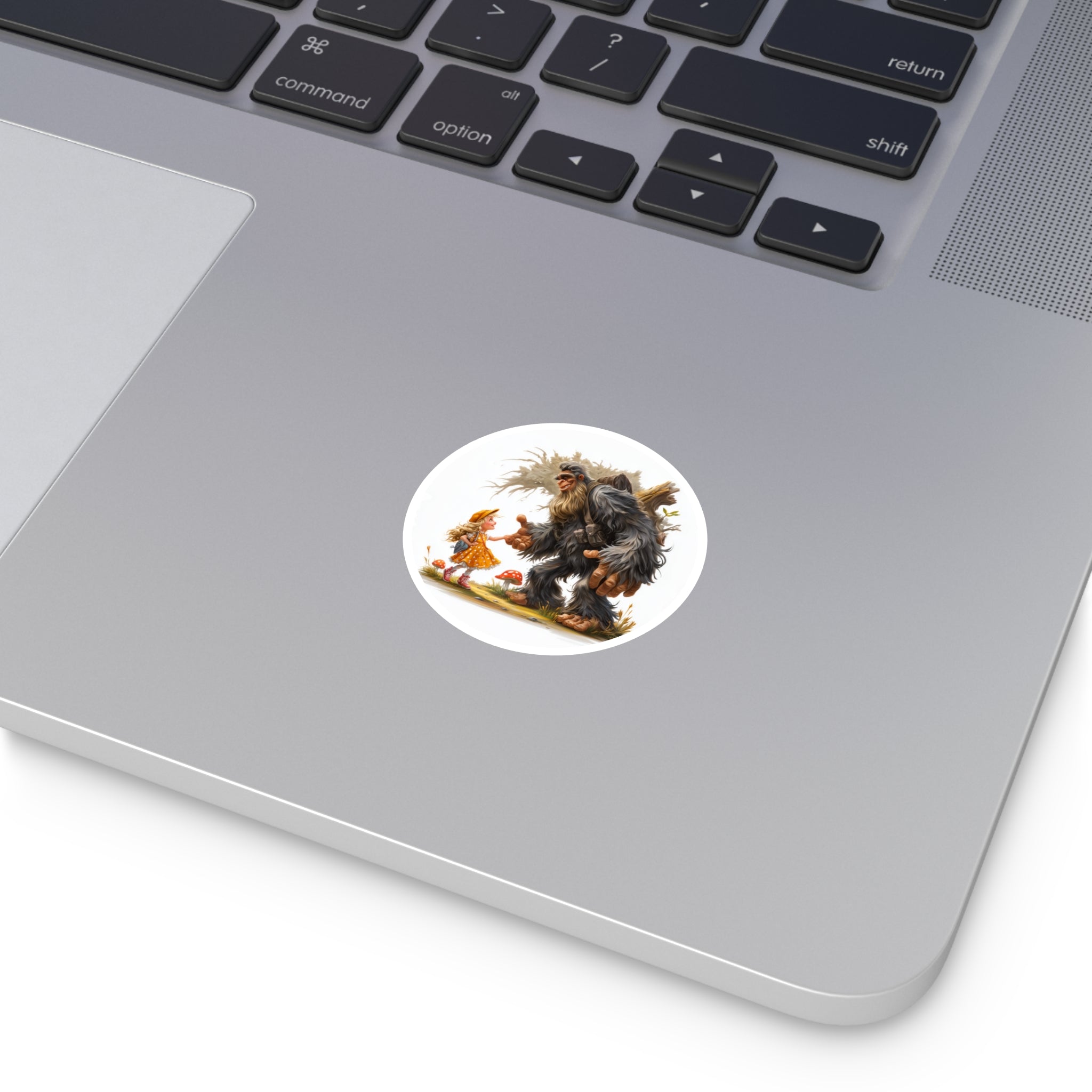 Little Girl and Sasquatch Sticker, Whimsical Friendship Art, Forest Fantasy, Cute Scene