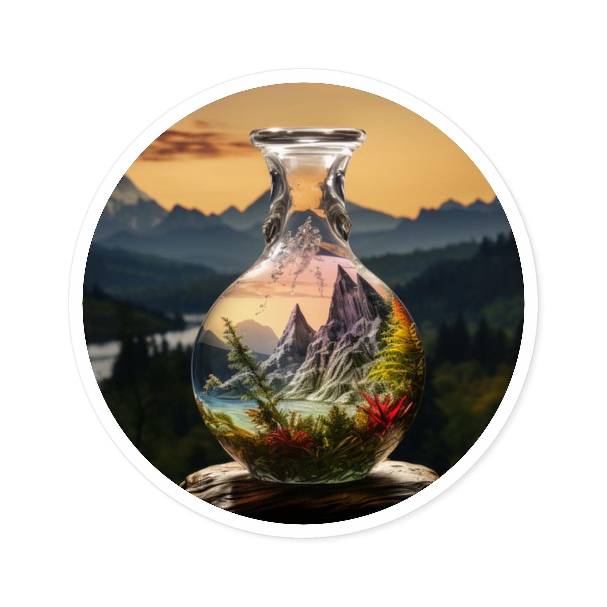 Mountain Scene in Glass, Fantasy Vase Sticker, Laptop Decal, Nature Art Gift