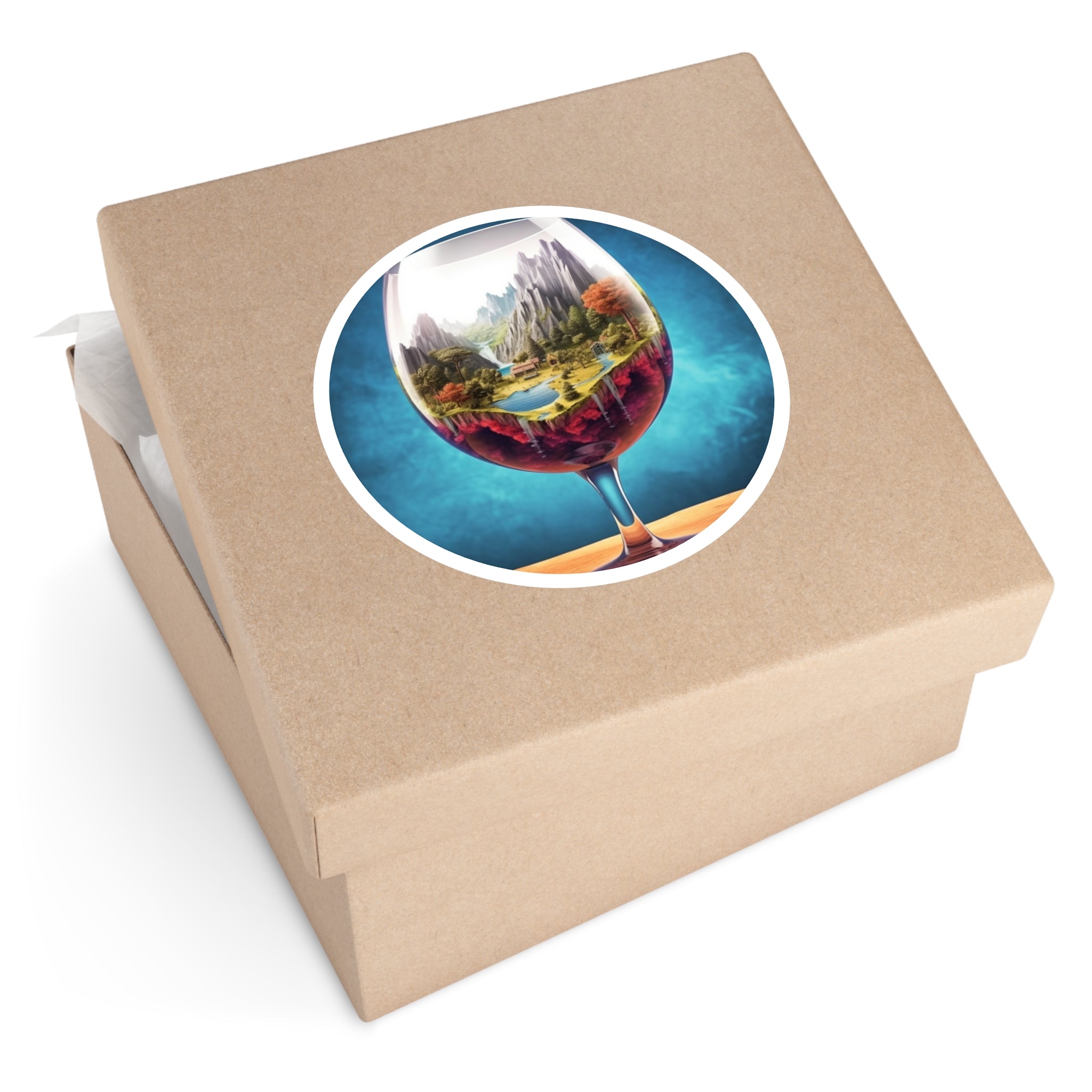 Fantasy World in Wine Glass, Surreal Scene Sticker, Laptop Decal, Trippy Art Gift