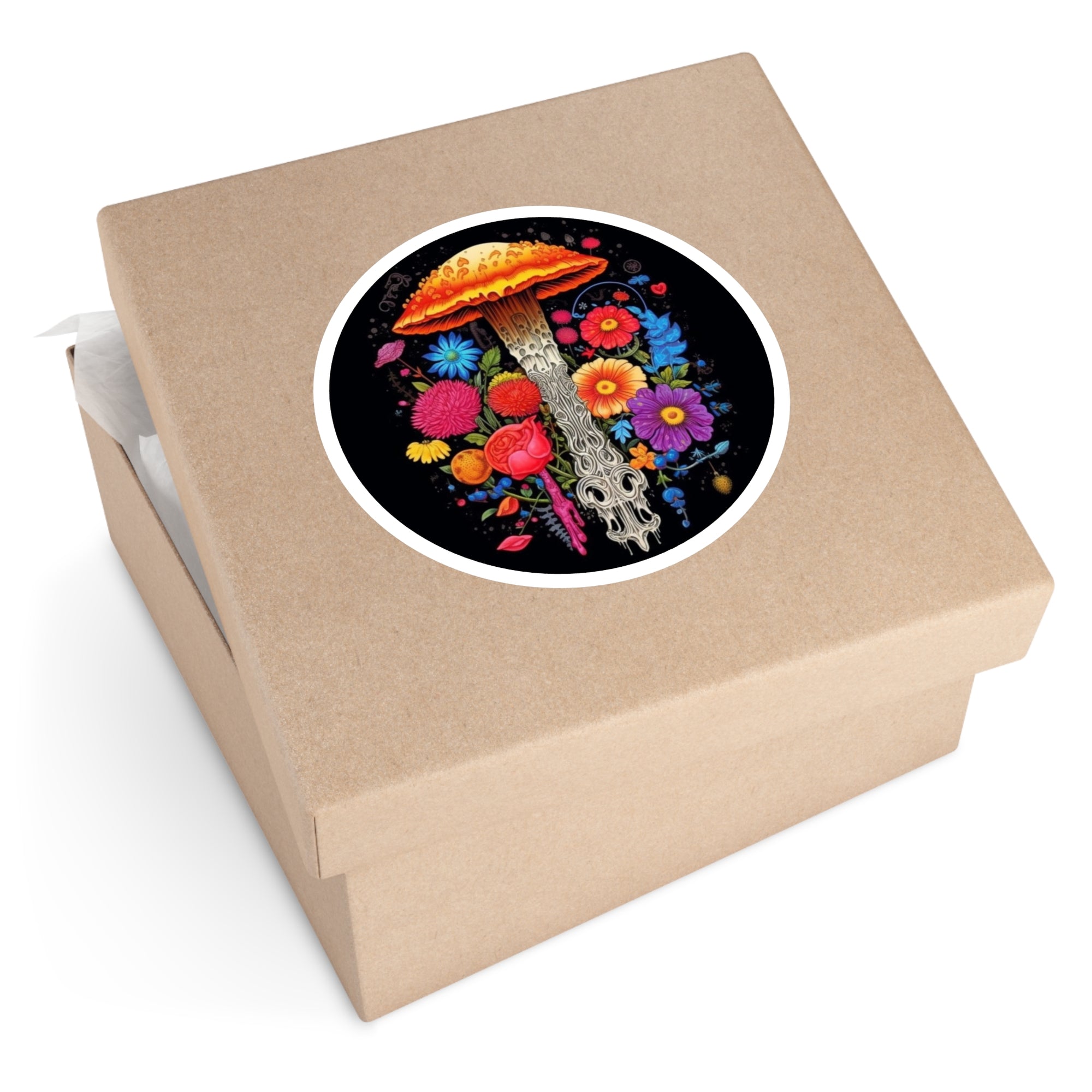 Mushroom Skull Sticker, Floral Fusion Art, Dark Fantasy Design, Vibrant Colors